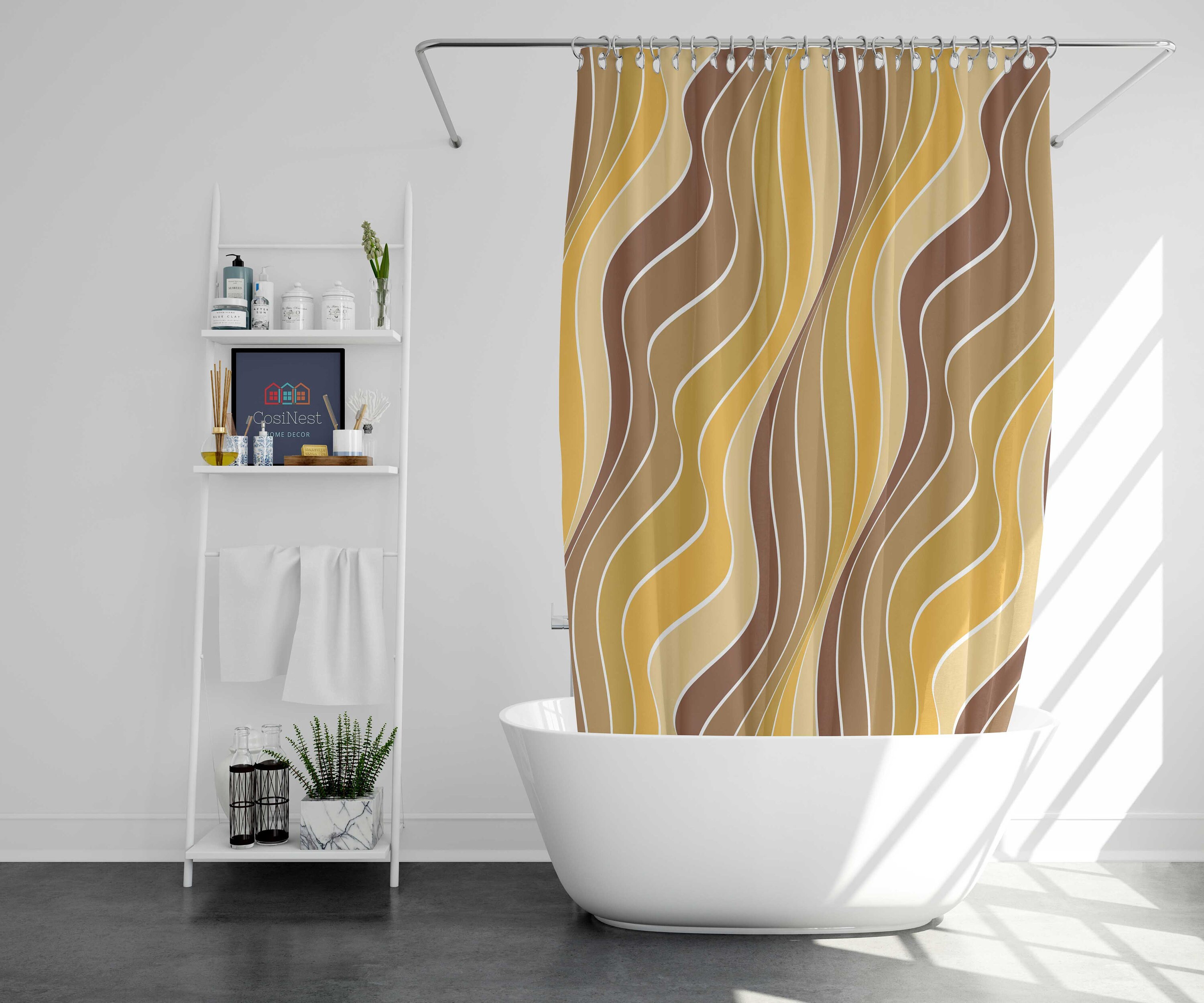 Mid-century Vintage Art Fabric Shower Curtain Mat, Retro Yellow Brown Lines Pattern for Home Bathroom Set Decor - Image 2
