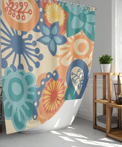 Mid-century Vintage Colorful Flowers Fabric Shower Curtain & Mat, Retro Floral Pattern for Home Bath Set Decor