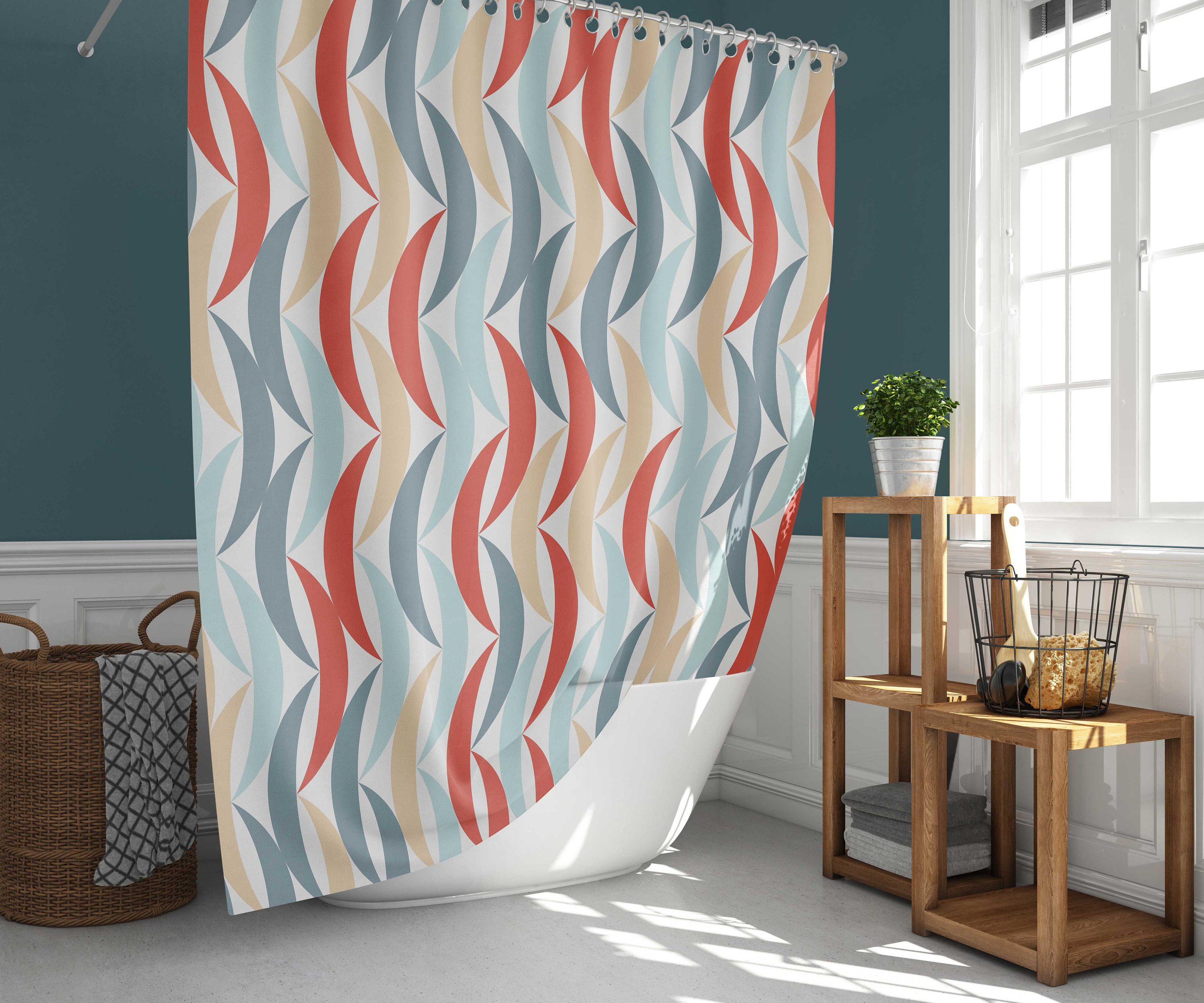 Mid-century Vintage Geometric Fabric Shower Curtain & Mat, Shower Curtains Decorative