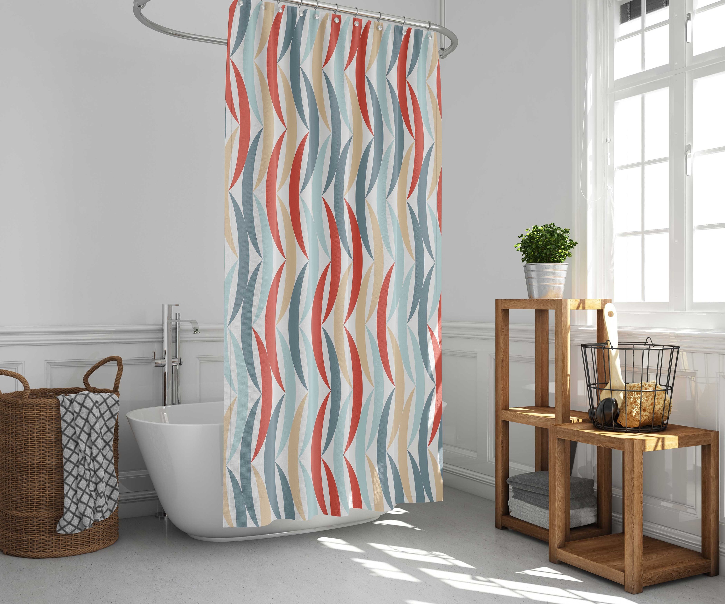 Mid-century Vintage Geometric Fabric Shower Curtain & Mat, Shower Curtains Decorative - Image 2
