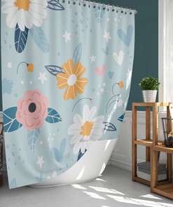 Midnight Nordic Shower Curtain | Botanical Floral Pattern with Stars Fabric Bathroom Curtain Mat | Home Bath Decor