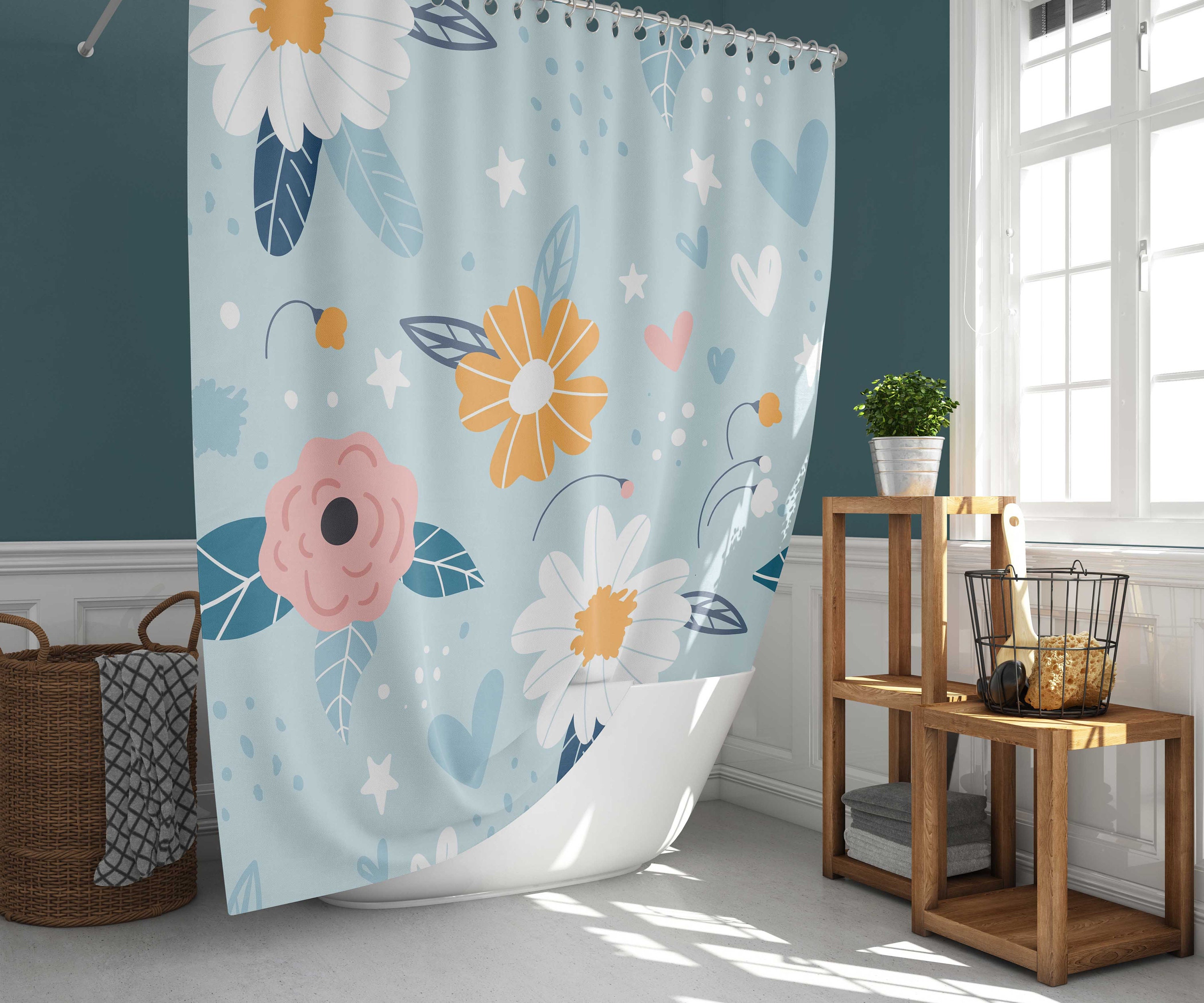 Midnight Nordic Shower Curtain | Botanical Floral Pattern with Stars Fabric Bathroom Curtain Mat | Home Bath Decor