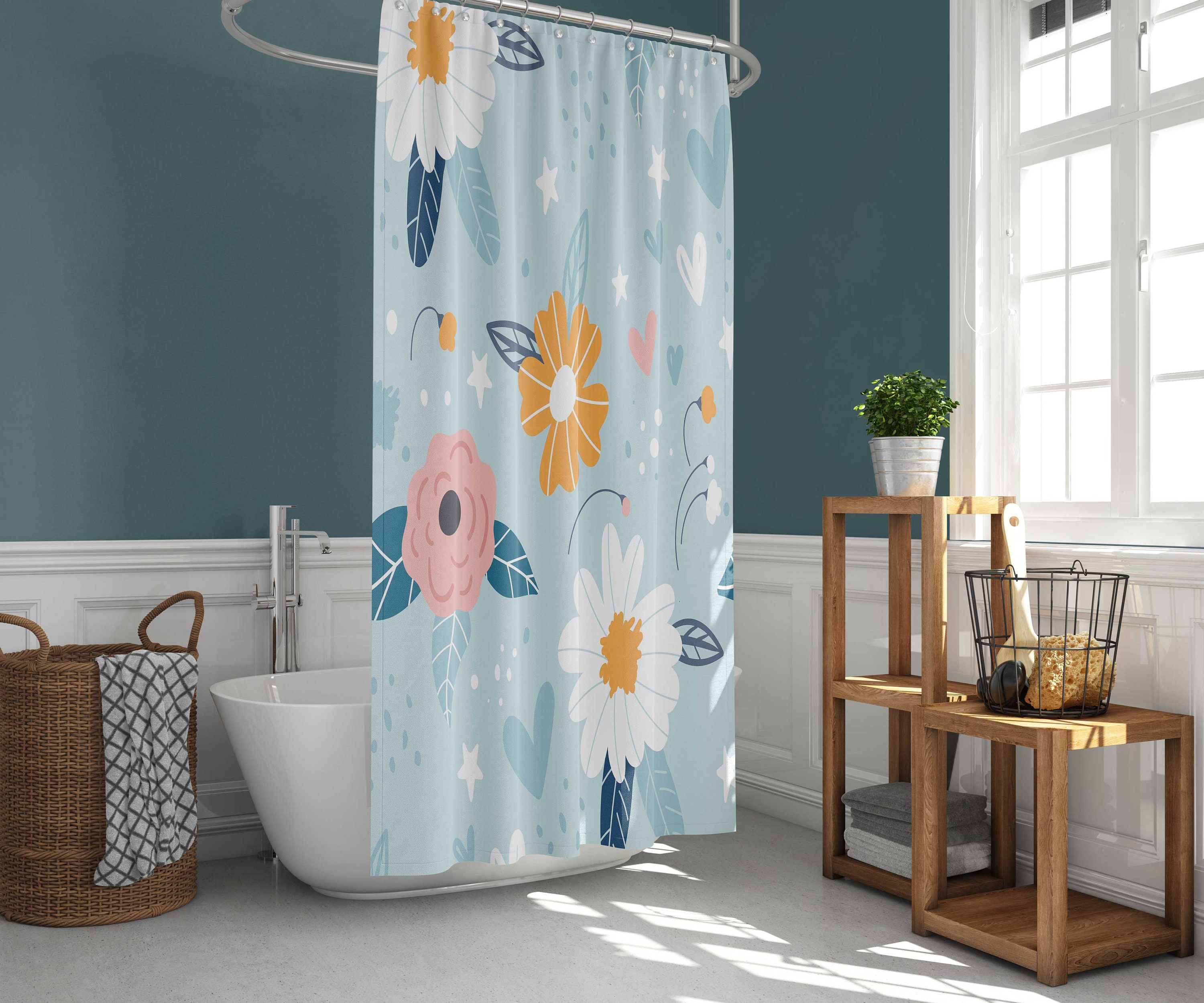 Midnight Nordic Shower Curtain | Botanical Floral Pattern with Stars Fabric Bathroom Curtain Mat | Home Bath Decor - Image 2