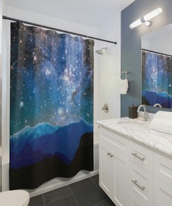 Milky Way Abstract Mountain Boho Shower Curtain, Stars Celestial Nature Lover Shower Curtain