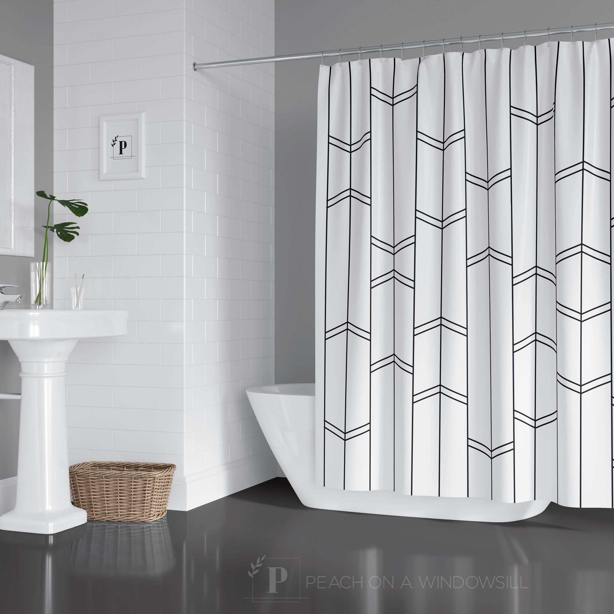 Minimal Stripe and Chevron Shower Curtain - Modern Black and White Bath Curtain with Light