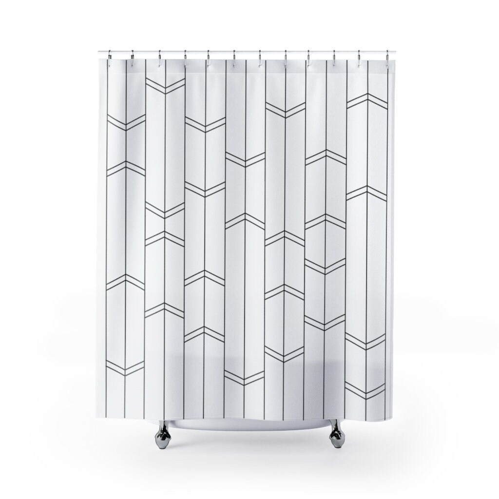Minimal Stripe and Chevron Shower Curtain - Modern Black and White Bath Curtain with Light - Image 2