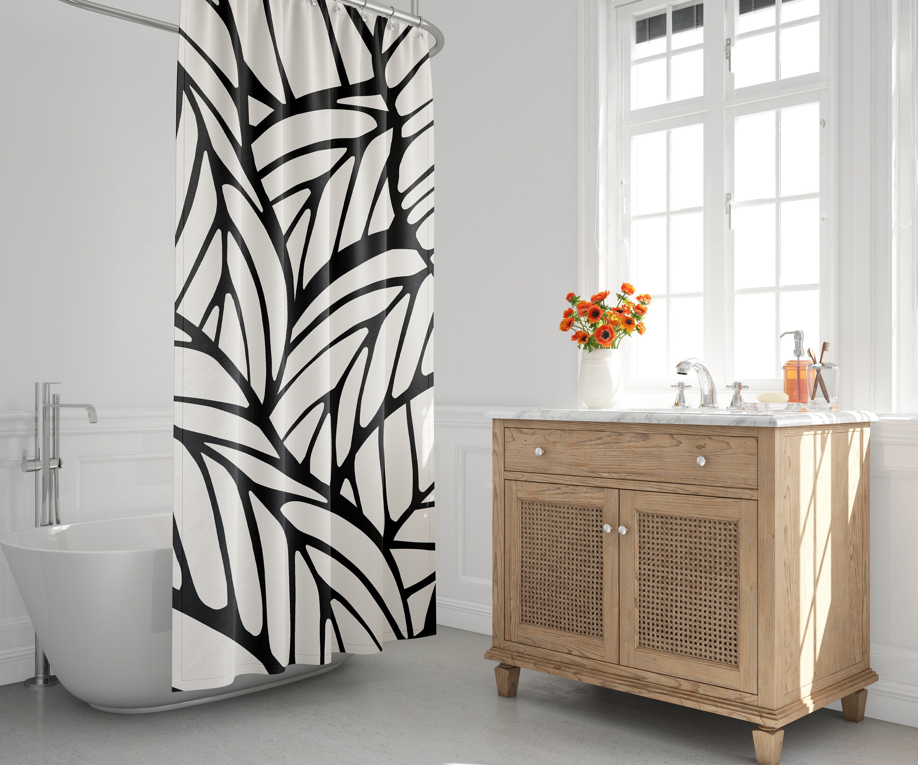 Minimalist Abstract Shower Curtain - Tropical Leaf and Botanical Design for Mid Century Modern Bathroom Decor