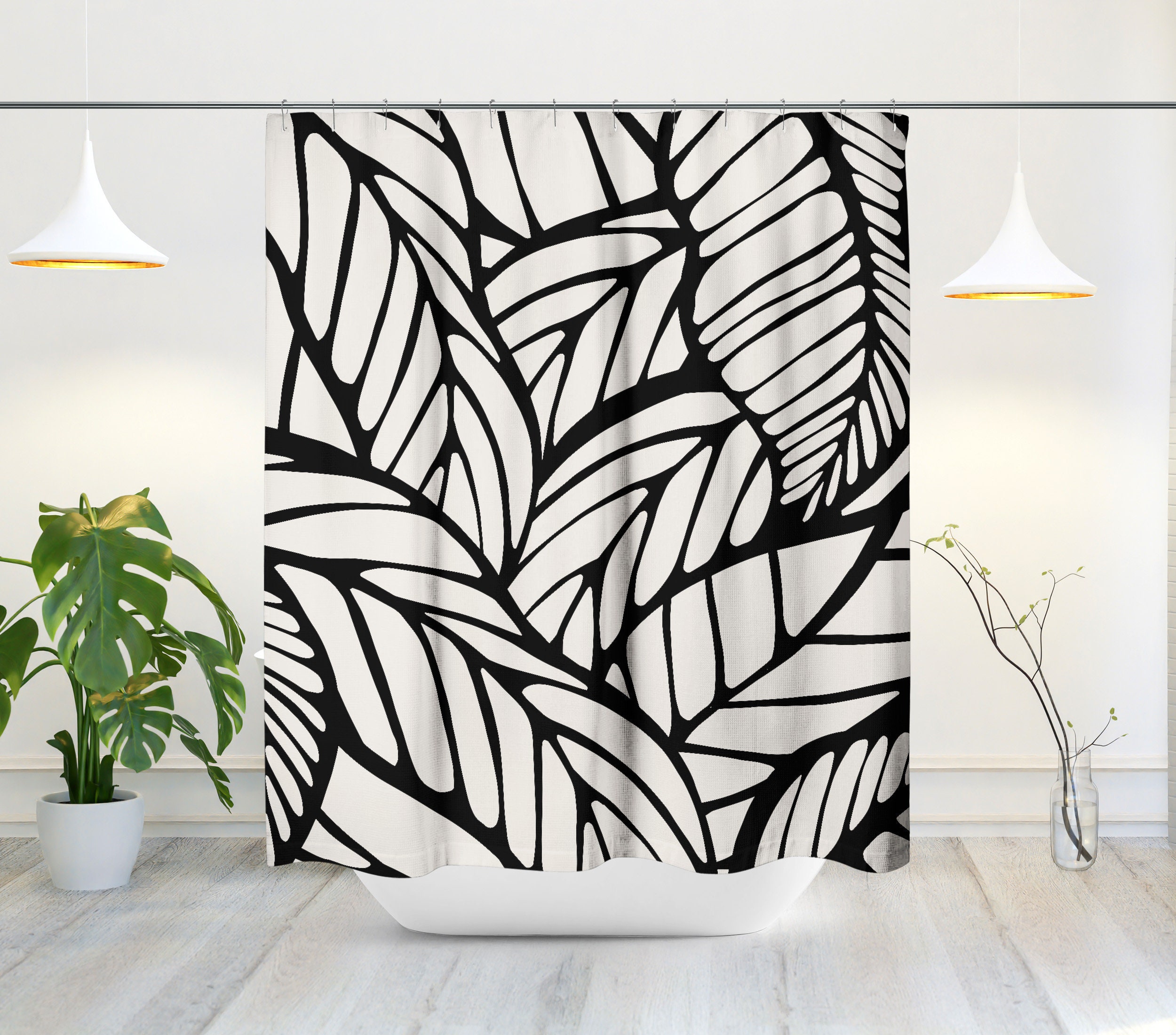 Minimalist Abstract Shower Curtain - Tropical Leaf and Botanical Design for Mid Century Modern Bathroom Decor - Image 2
