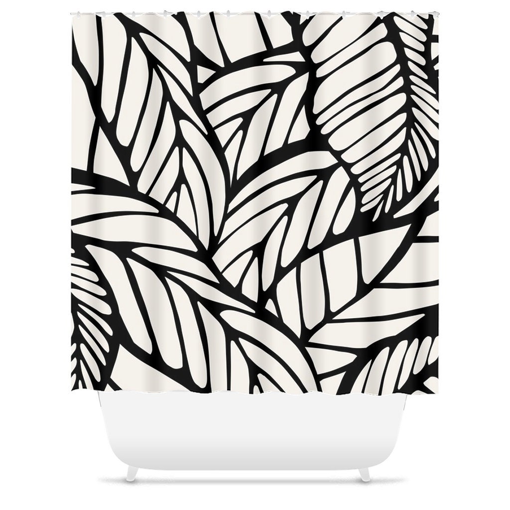 Minimalist Abstract Shower Curtain - Tropical Leaf and Botanical Design for Mid Century Modern Bathroom Decor - Image 3
