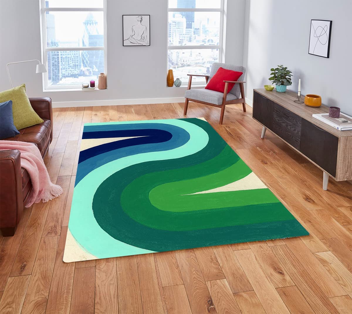 Minimalist Abstract Waves Teal Green Modern Area Rug - Perfect for Living Room Bedroom with Large 70s Rug - Image 2