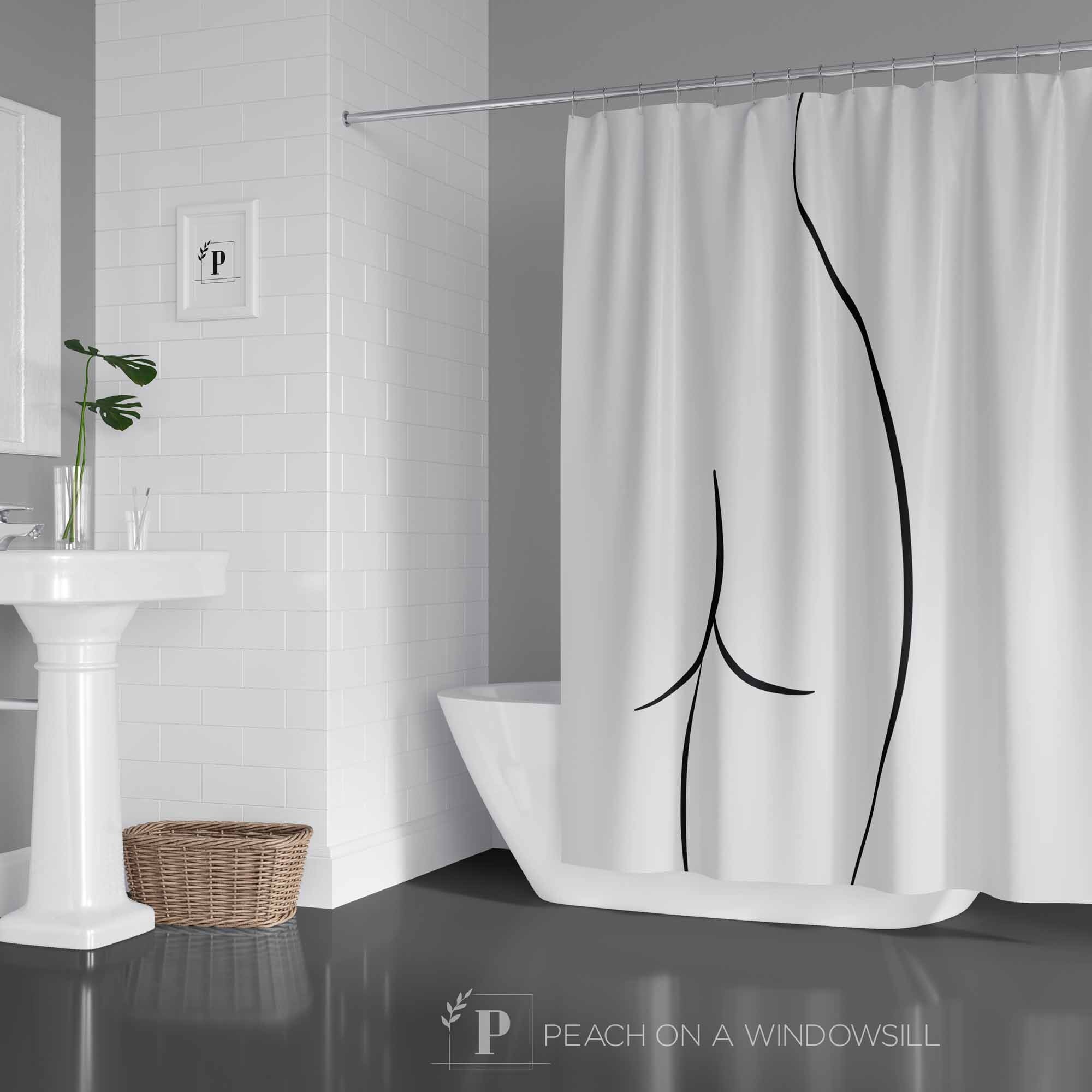 Minimalist Black and White Butt Shower Curtain | Sexy Nude Line Drawing Bath Curtain in 71x74 | Unique Shower Curtains