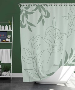 Minimalist Blue Green Leaves Shower Curtain, Tropical Botanical Pattern Fabric Curtain for Bath, Housewarming Gift Idea