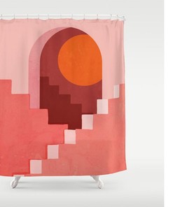 Minimalist Boho Shower Curtain with Pink Midcentury Art Design