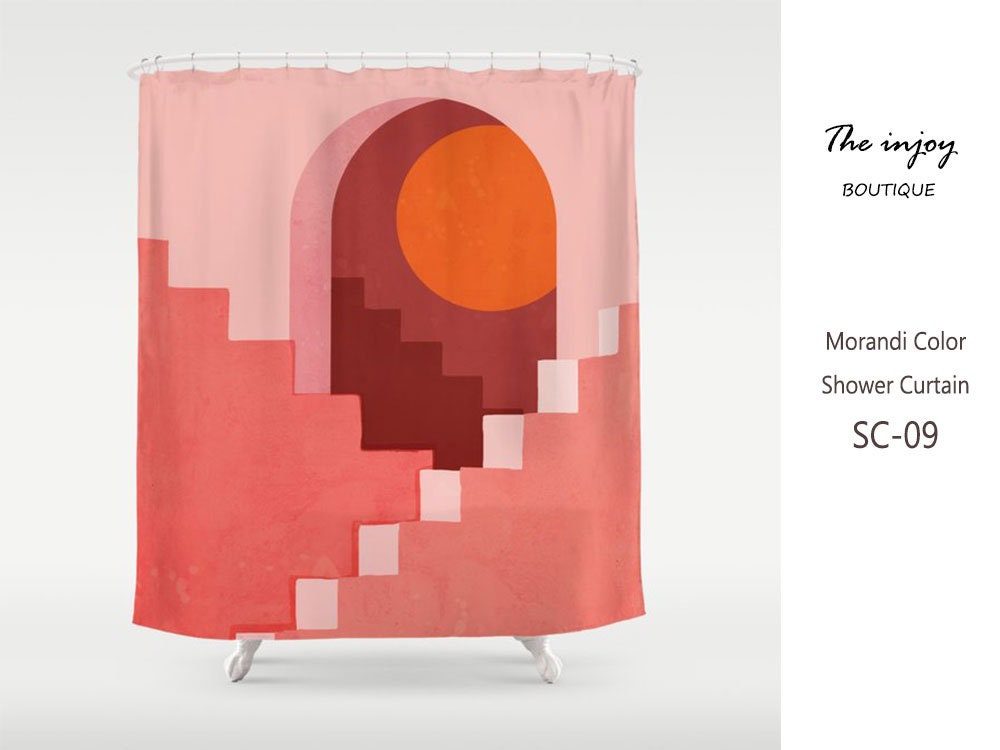 Minimalist Boho Shower Curtain with Pink Midcentury Art Design
