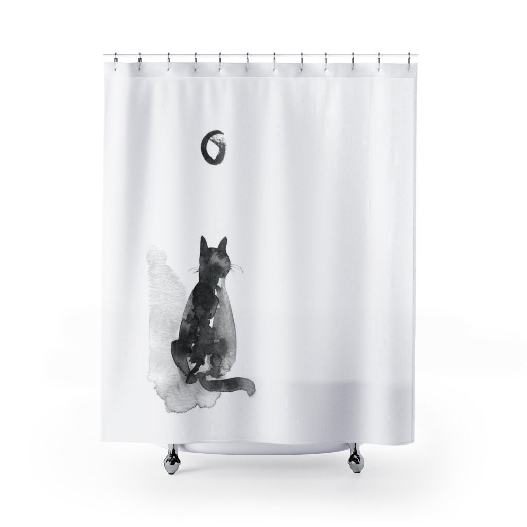 Minimalist Cat and Moon Shower Curtain, Japanese Zen Inspired Boho Bathroom Decor, Black & White Watercolor Bath Curtain