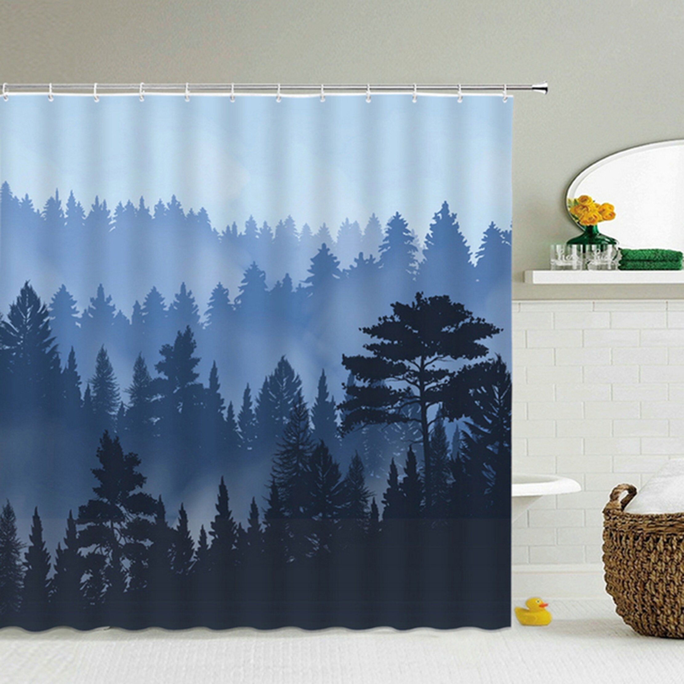 Minimalist Forest Shower Curtain | Blue Trees Landscape | Home Bath Decor | Nature Theme | House Warming Gift