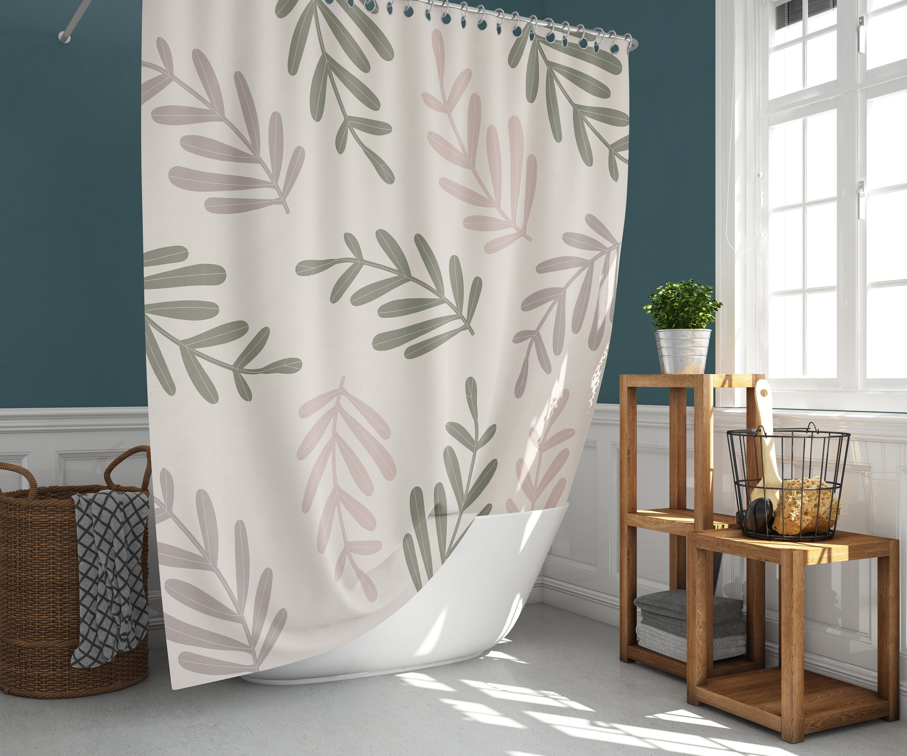 Minimalist Green Pink Leaves Shower Curtain | Simple Foliage Floral Print Home Bath Decor Accessories