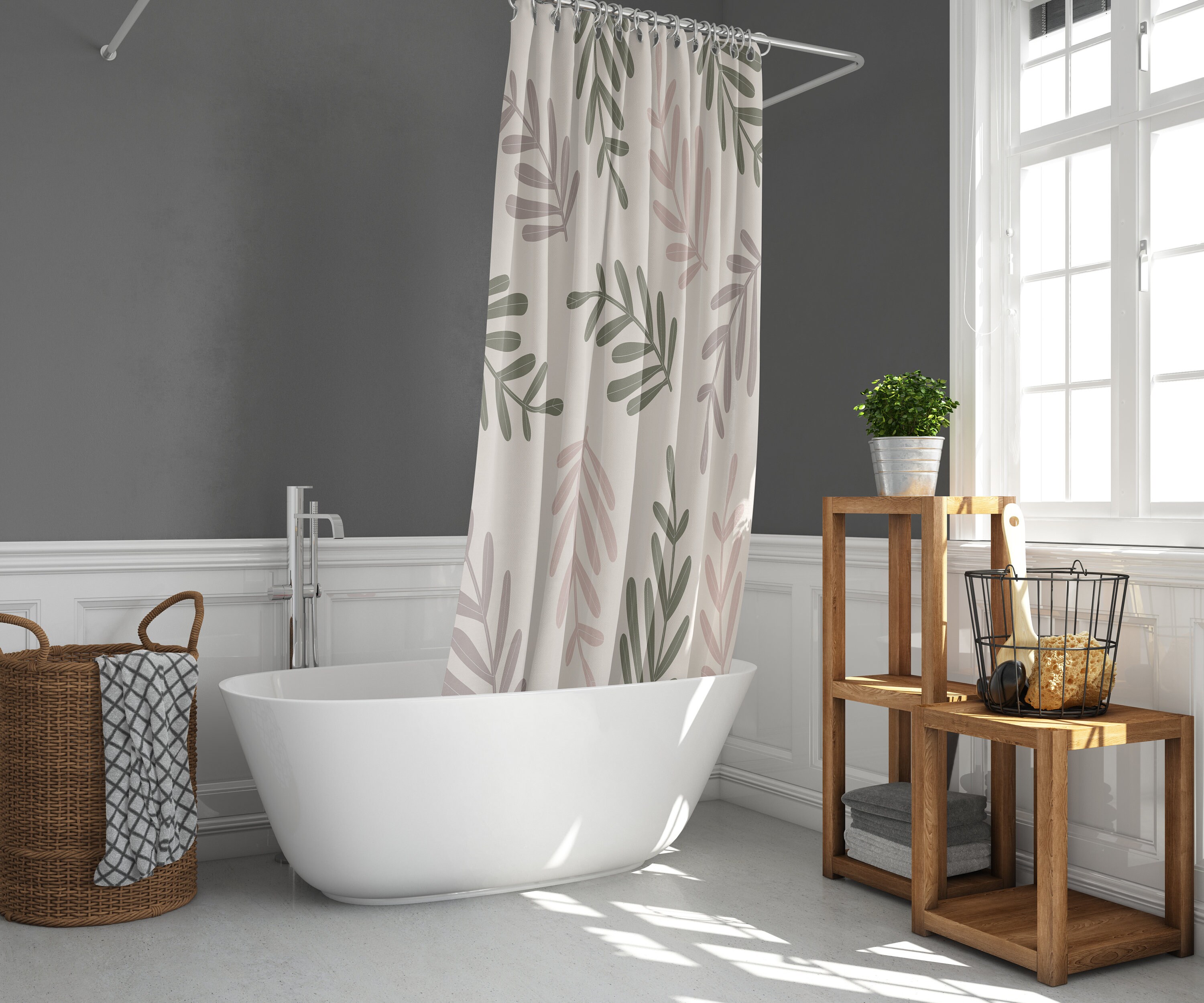 Minimalist Green Pink Leaves Shower Curtain | Simple Foliage Floral Print Home Bath Decor Accessories - Image 2