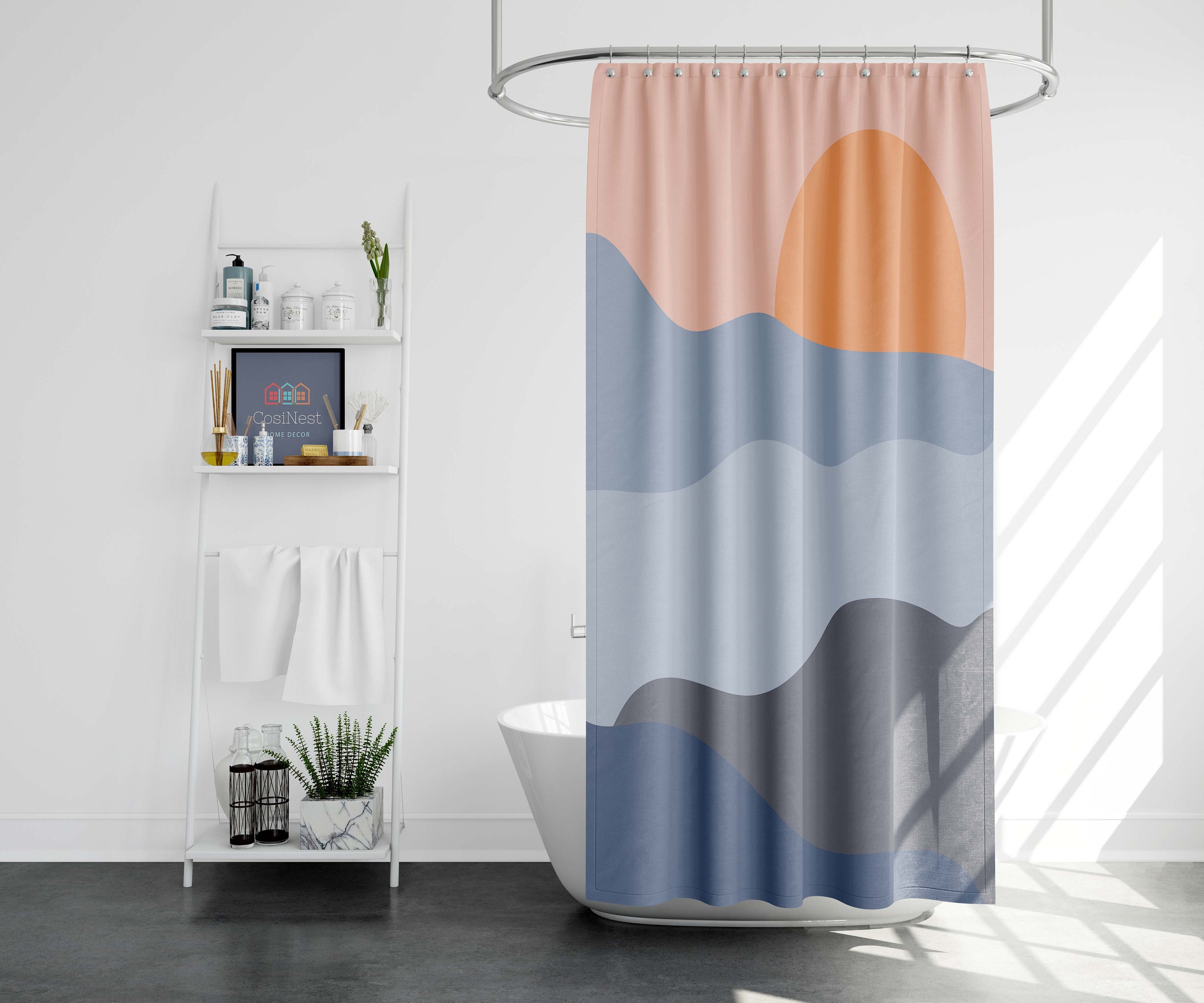 Minimalist Landscape Shower Curtain | Morning Sunrise Blue Mountain | Home bathroom Set Decor - Image 2
