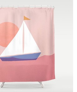 Minimalist Landscape Sun & Boat Boho Shower Curtain with Bathroom Set