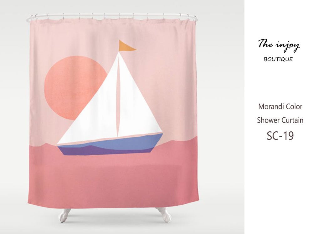 Minimalist Landscape Sun & Boat Boho Shower Curtain with Bathroom Set