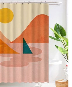 Minimalist Landscape Sun & Boat Boho Shower Curtain with Customizable Sizes