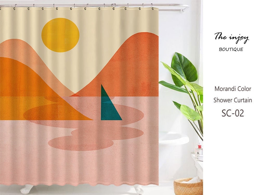 Minimalist Landscape Sun & Boat Boho Shower Curtain with Customizable Sizes