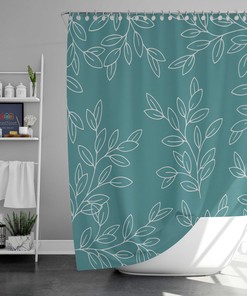 Minimalist Leaves Shower Curtain | Blue White Botanical Floral Fabric Bathroom Curtain | Home Bath Decor Accessories