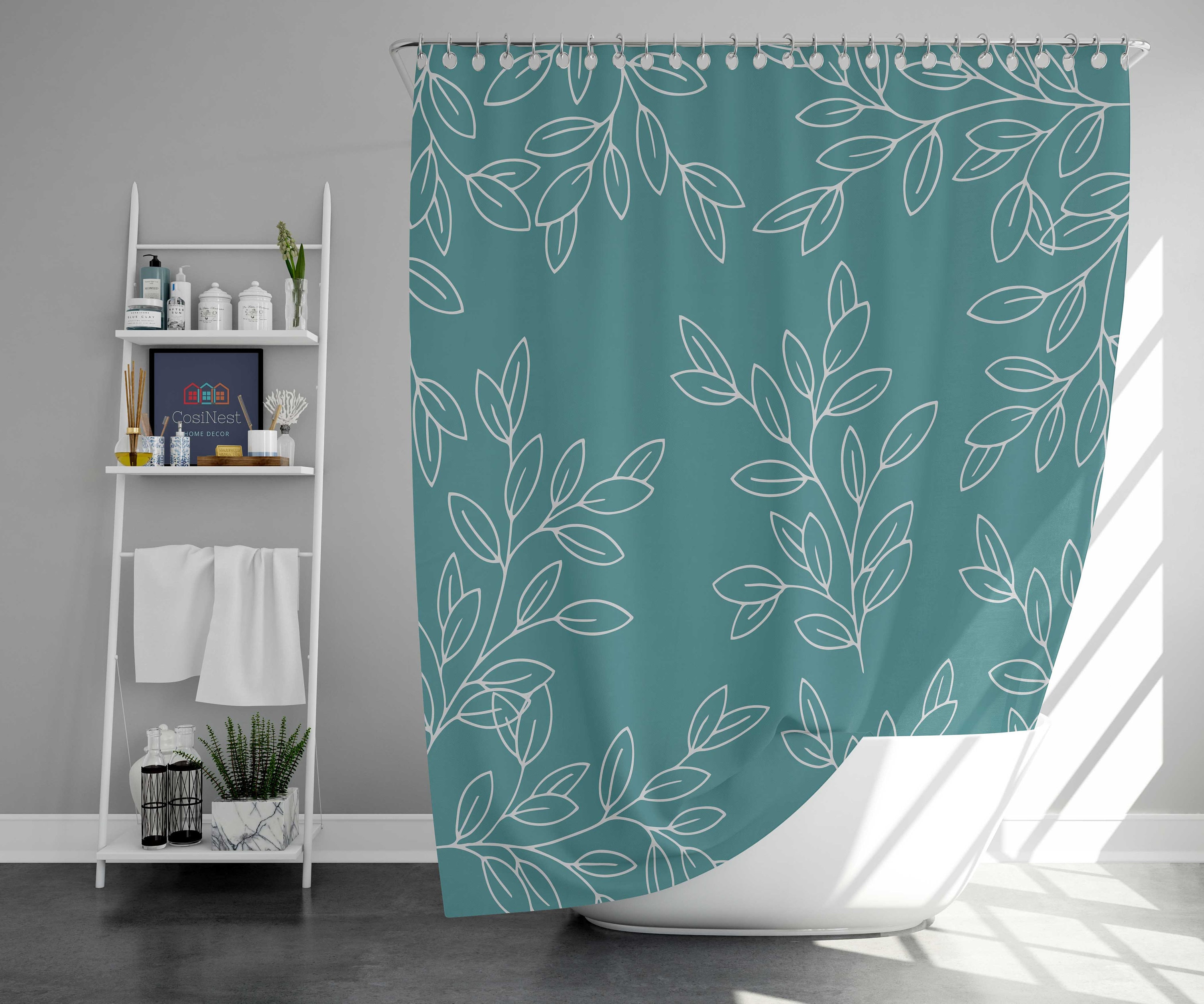 Minimalist Leaves Shower Curtain | Blue White Botanical Floral Fabric Bathroom Curtain | Home Bath Decor Accessories