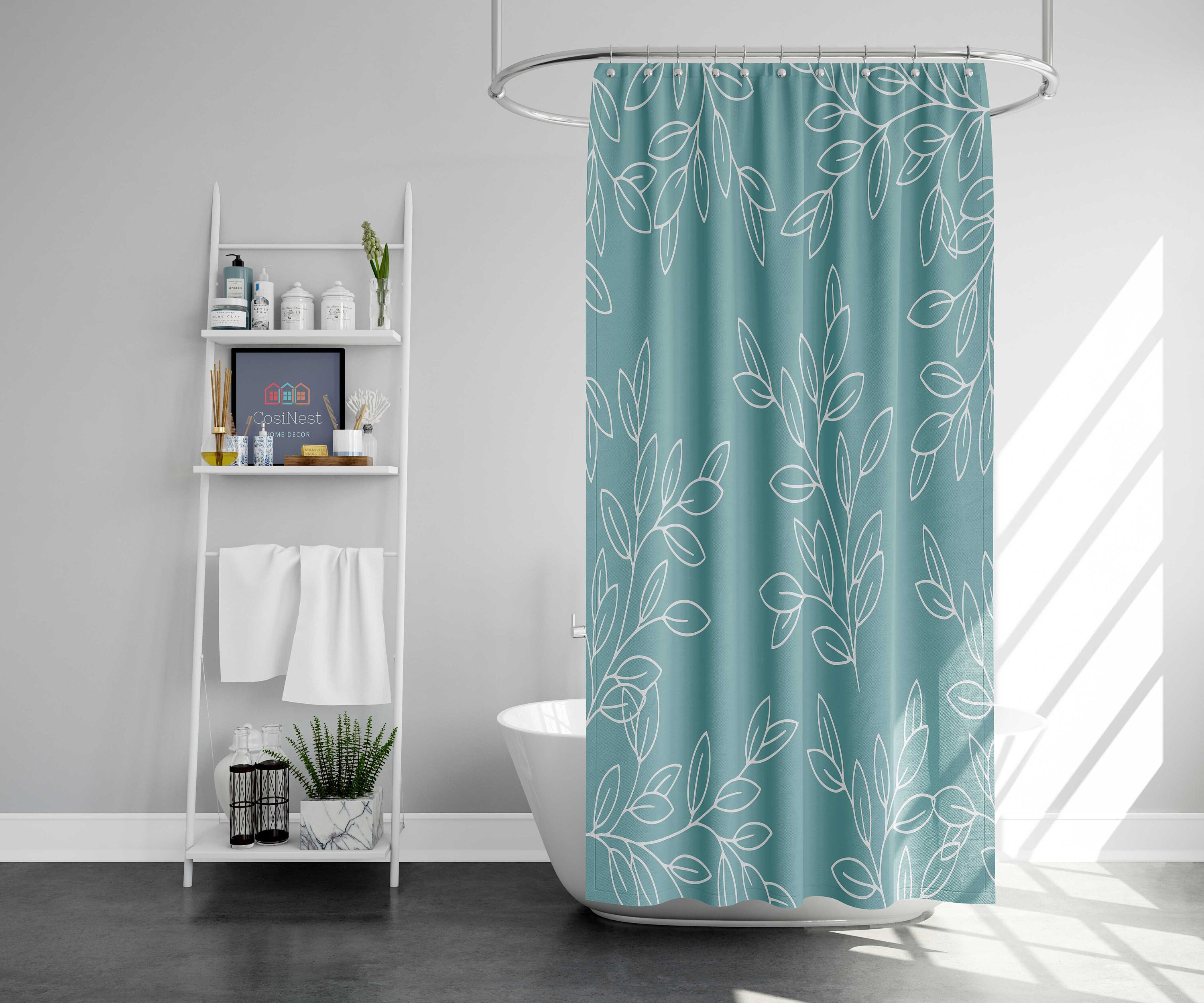 Minimalist Leaves Shower Curtain | Blue White Botanical Floral Fabric Bathroom Curtain | Home Bath Decor Accessories - Image 2