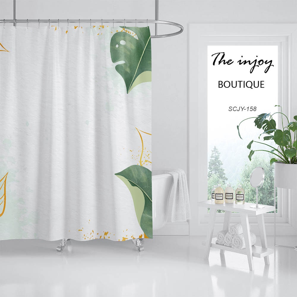 Minimalist Leaves Shower Curtain, Simple Bathroom Decor with a Splash of Green, Waterproof Washable Bath Curtain - Image 2