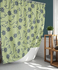 Minimalist Linen Shower Curtain | Blue Green Floral Pattern Bathroom Curtain Mat | Home Bath Decor