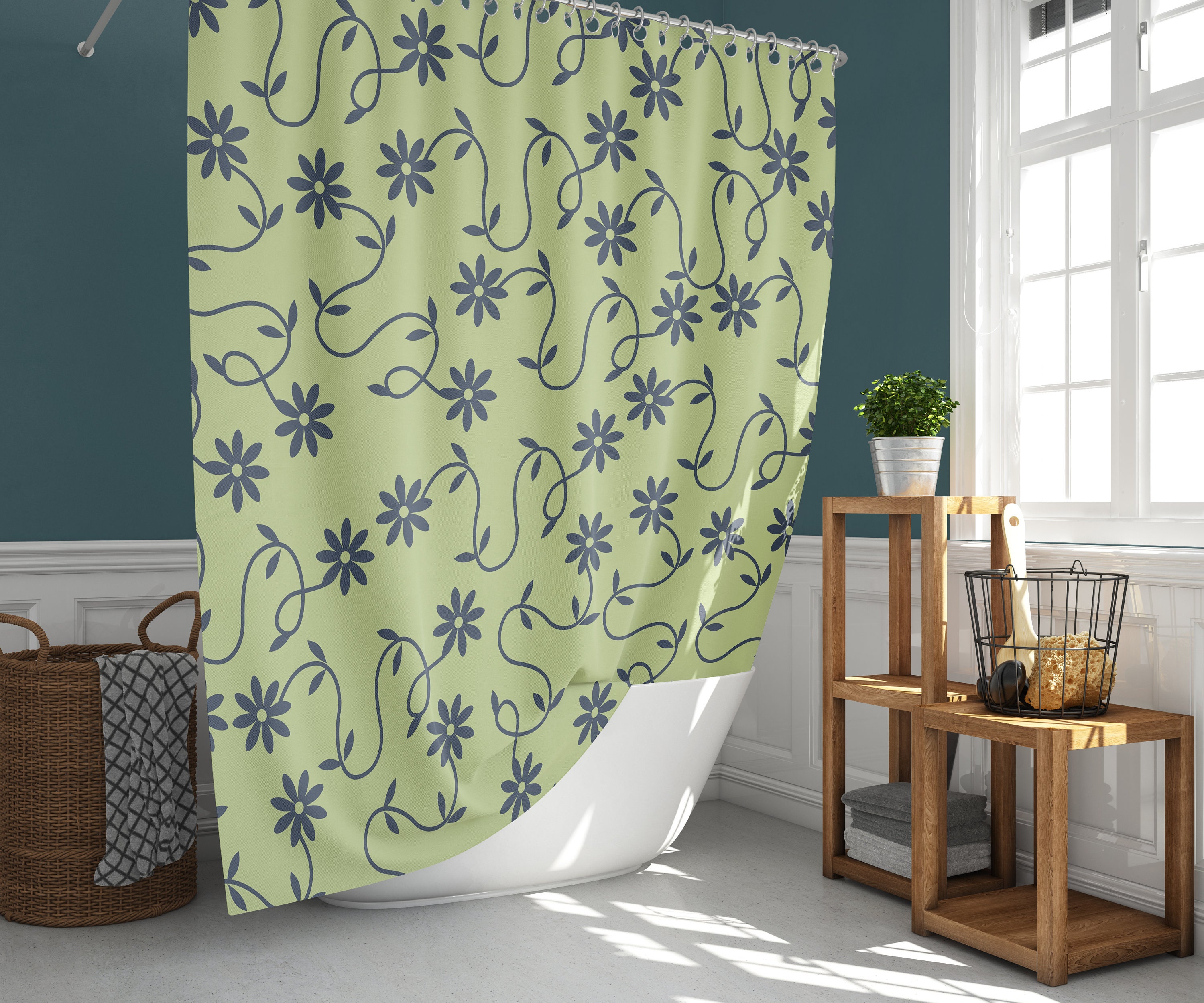 Minimalist Linen Shower Curtain | Blue Green Floral Pattern Bathroom Curtain Mat | Home Bath Decor