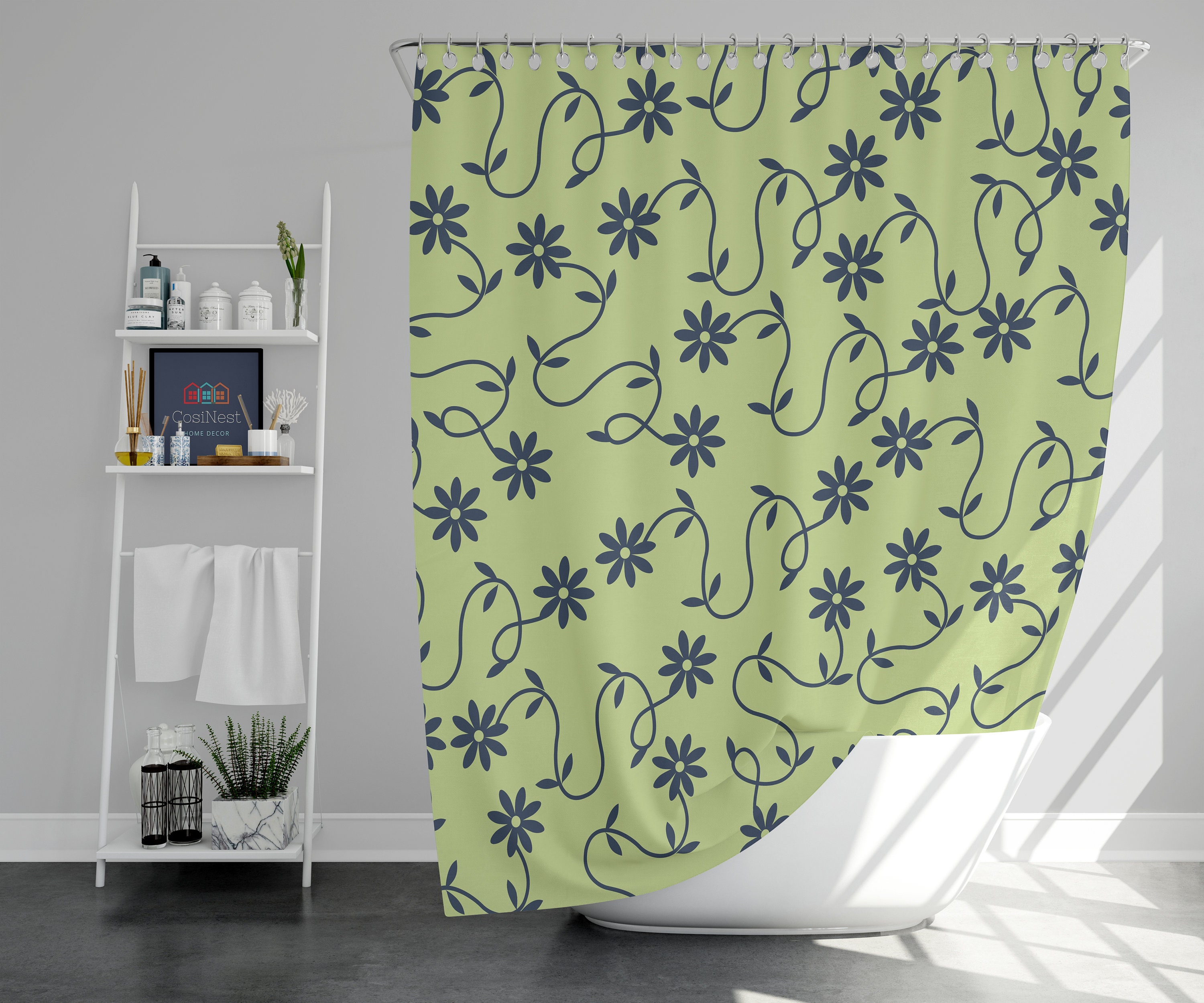 Minimalist Linen Shower Curtain | Blue Green Floral Pattern Bathroom Curtain Mat | Home Bath Decor - Image 2