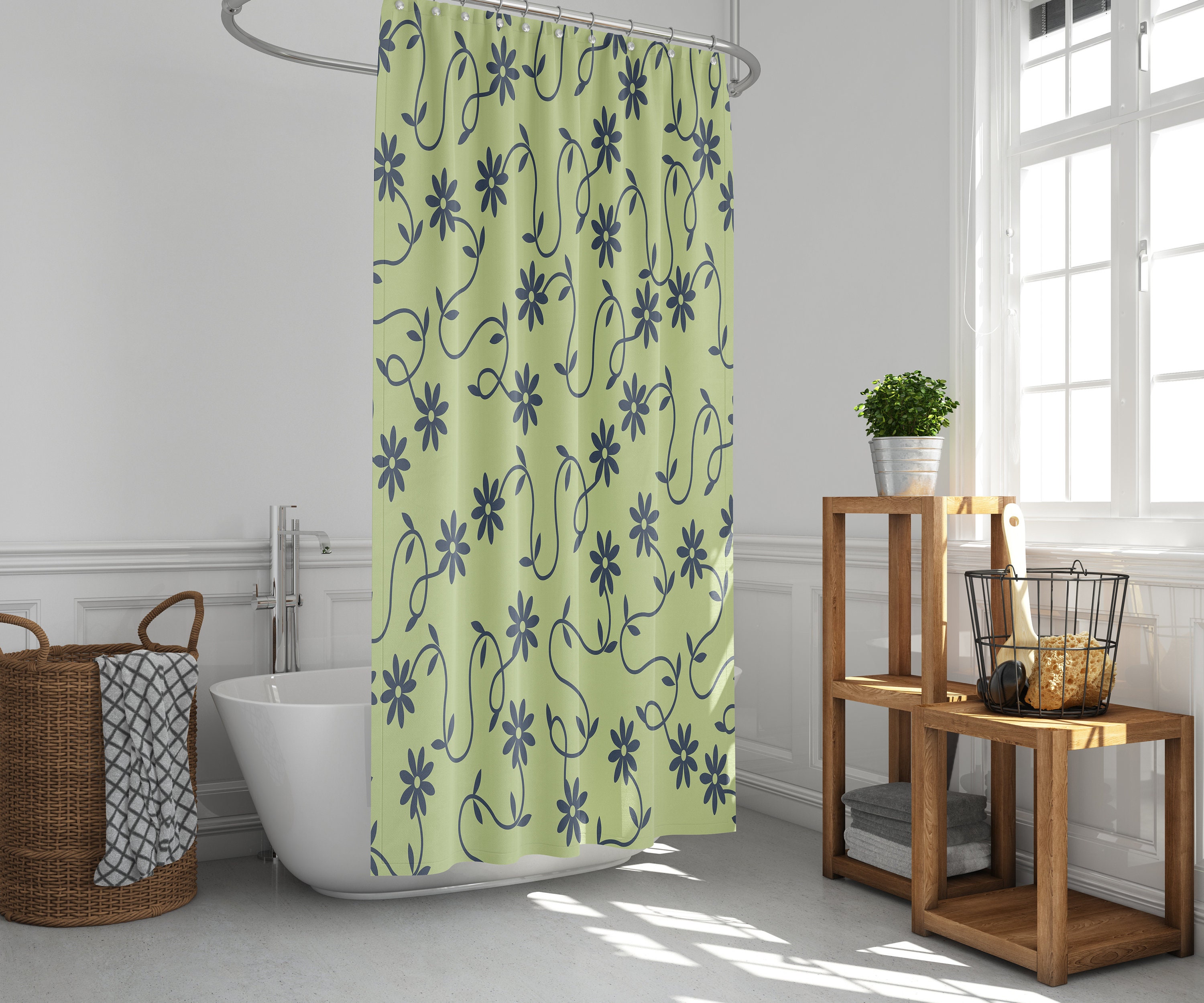 Minimalist Linen Shower Curtain | Blue Green Floral Pattern Bathroom Curtain Mat | Home Bath Decor - Image 3