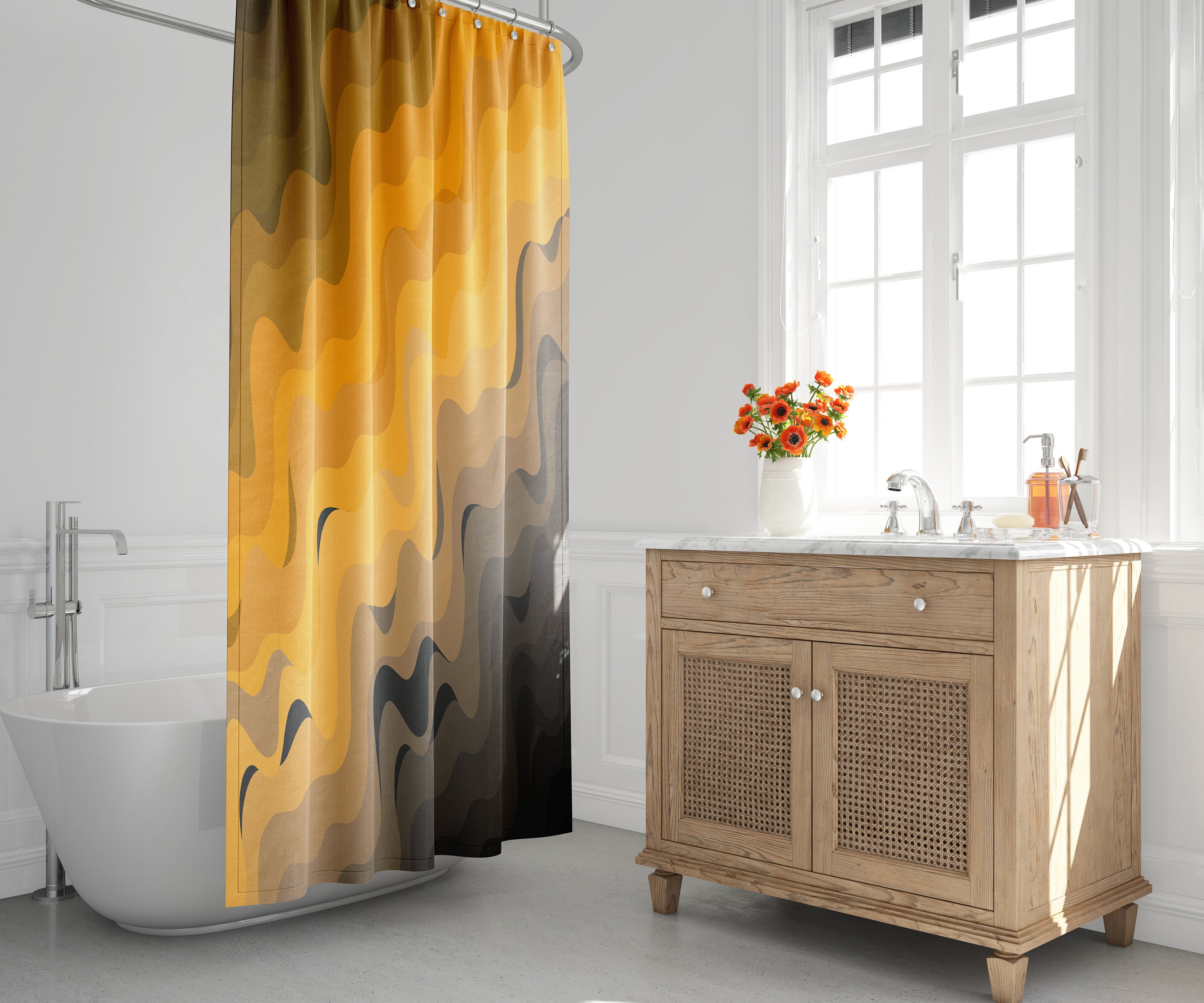 Minimalist Mid-Century Modern Ombre Shower Curtain with Beach Gradient Design and House Warming Touch