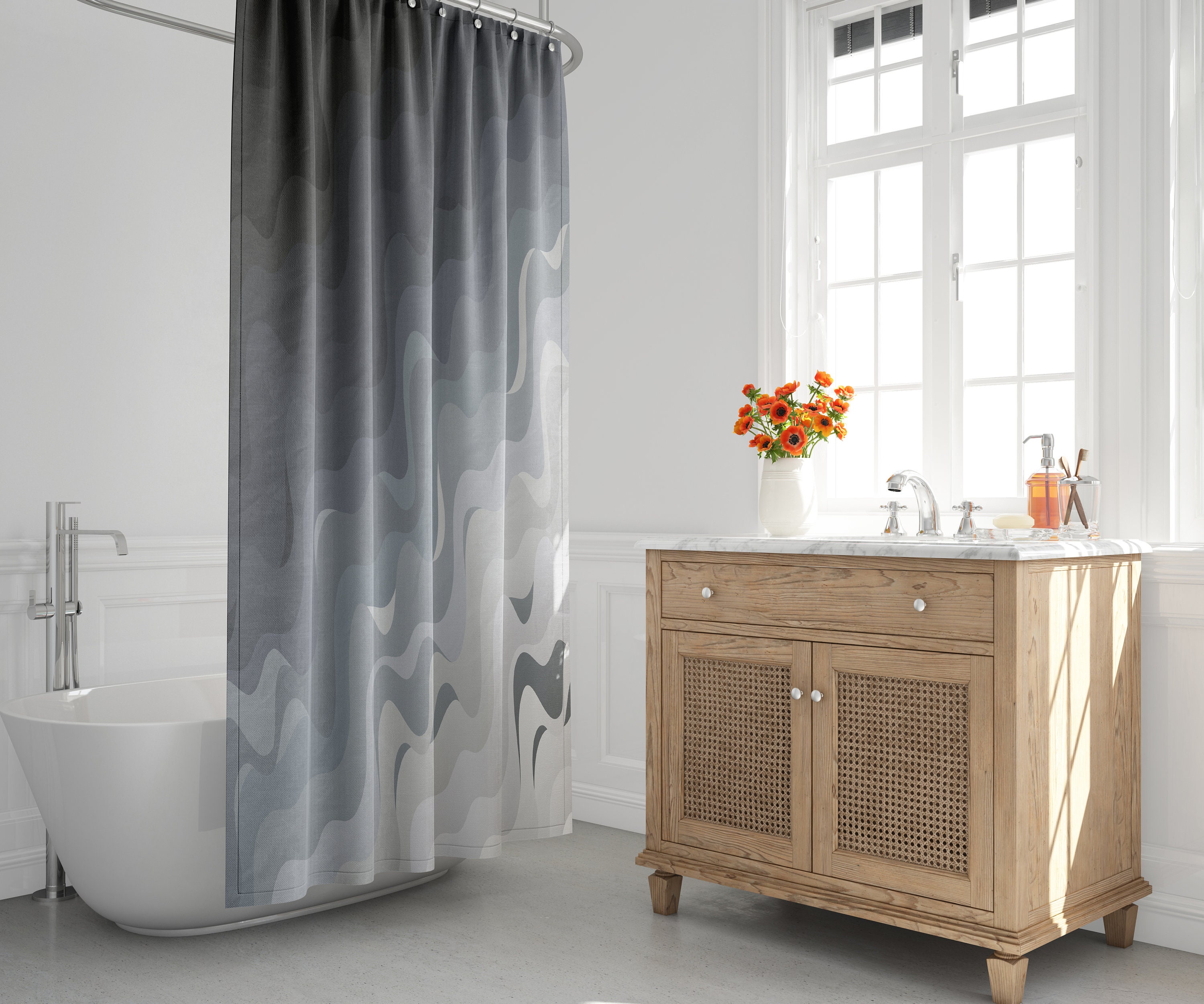 Minimalist Mid-Century Modern Ombre Shower Curtain with Beach Gradient Design for a Stylish Bathroom