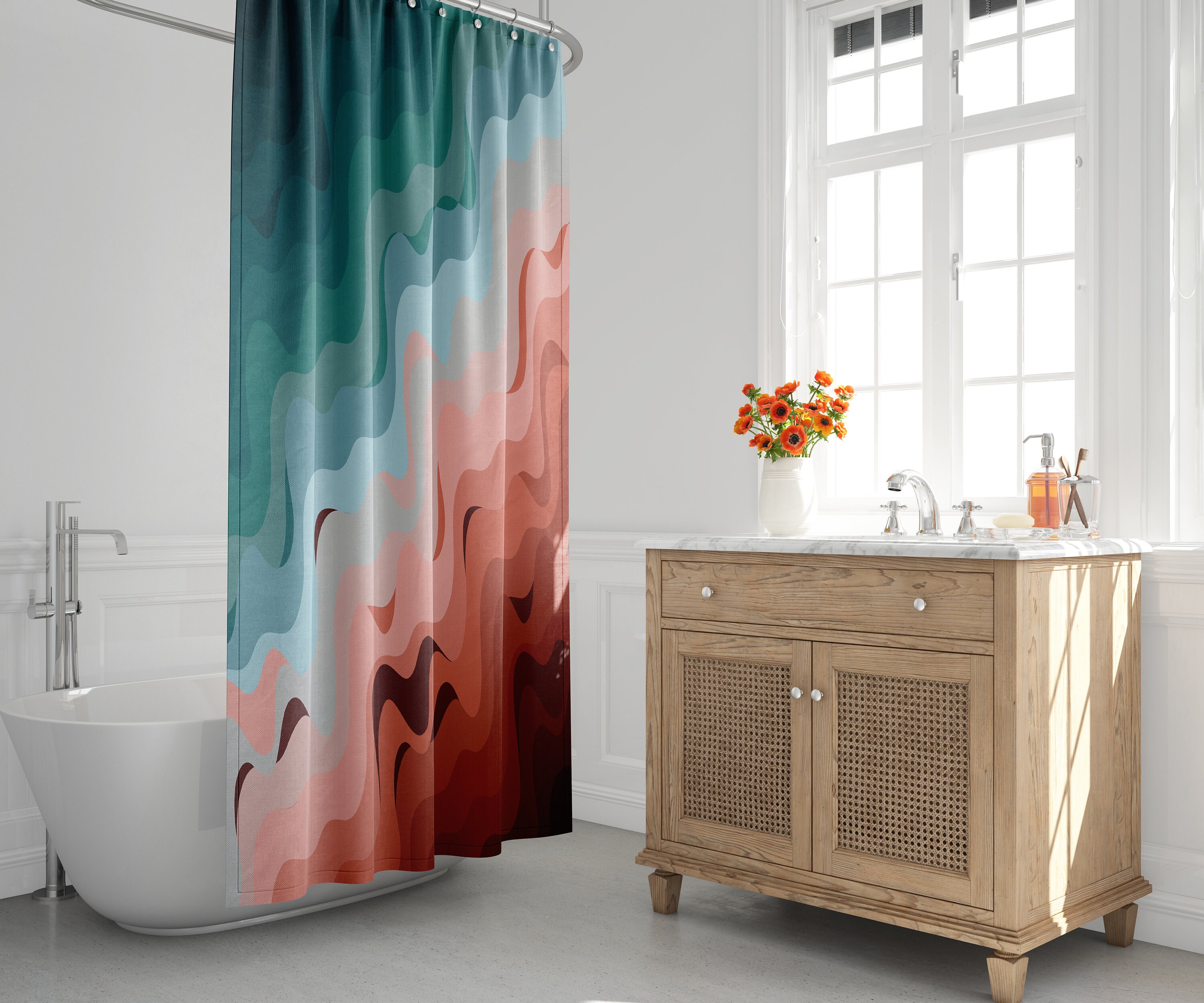 Minimalist Mid-Century Modern Ombre Shower Curtain with Beach Nautical Design for a Stylish Bathroom