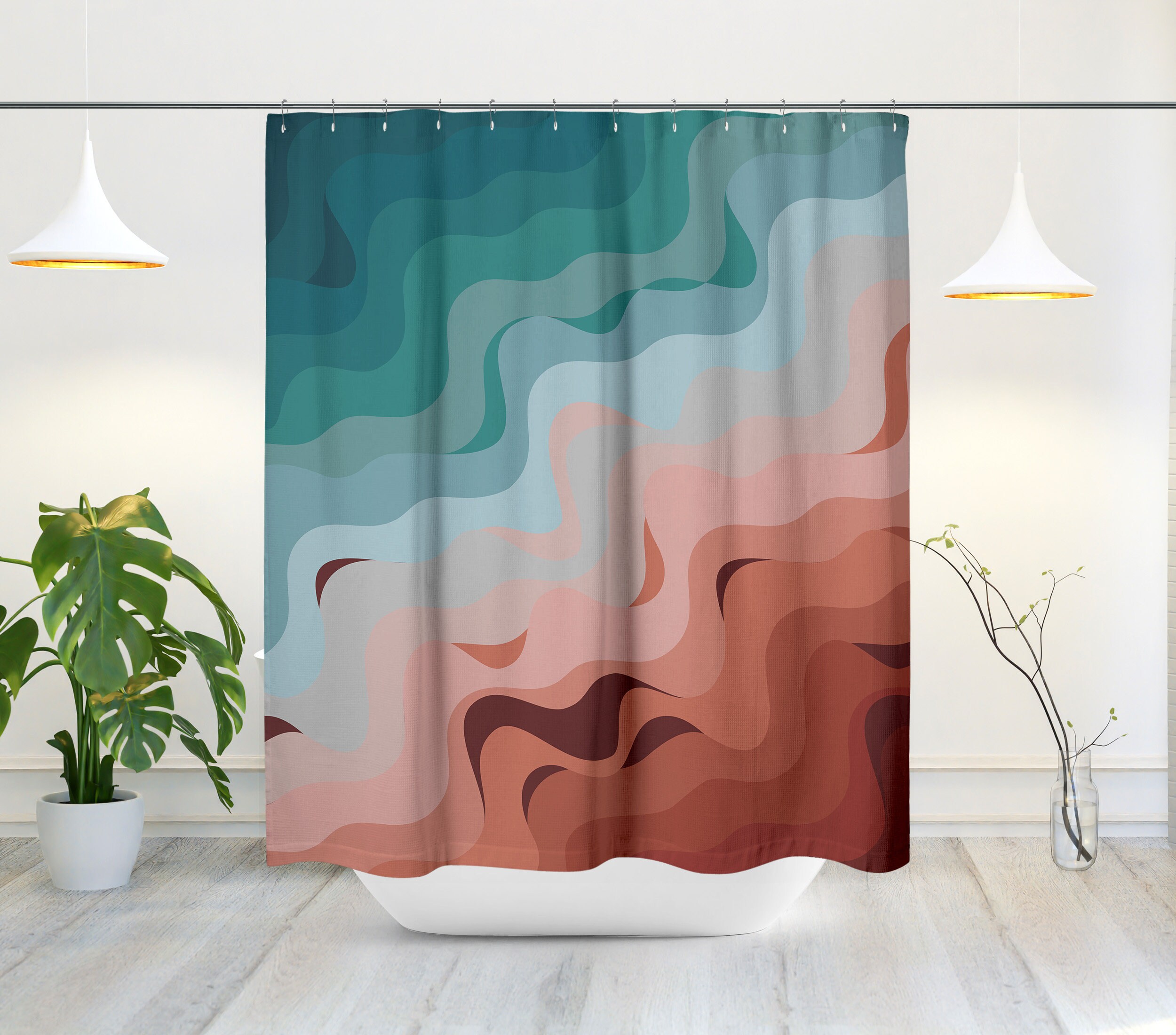 Minimalist Mid-Century Modern Ombre Shower Curtain with Beach Nautical Design for a Stylish Bathroom - Image 2