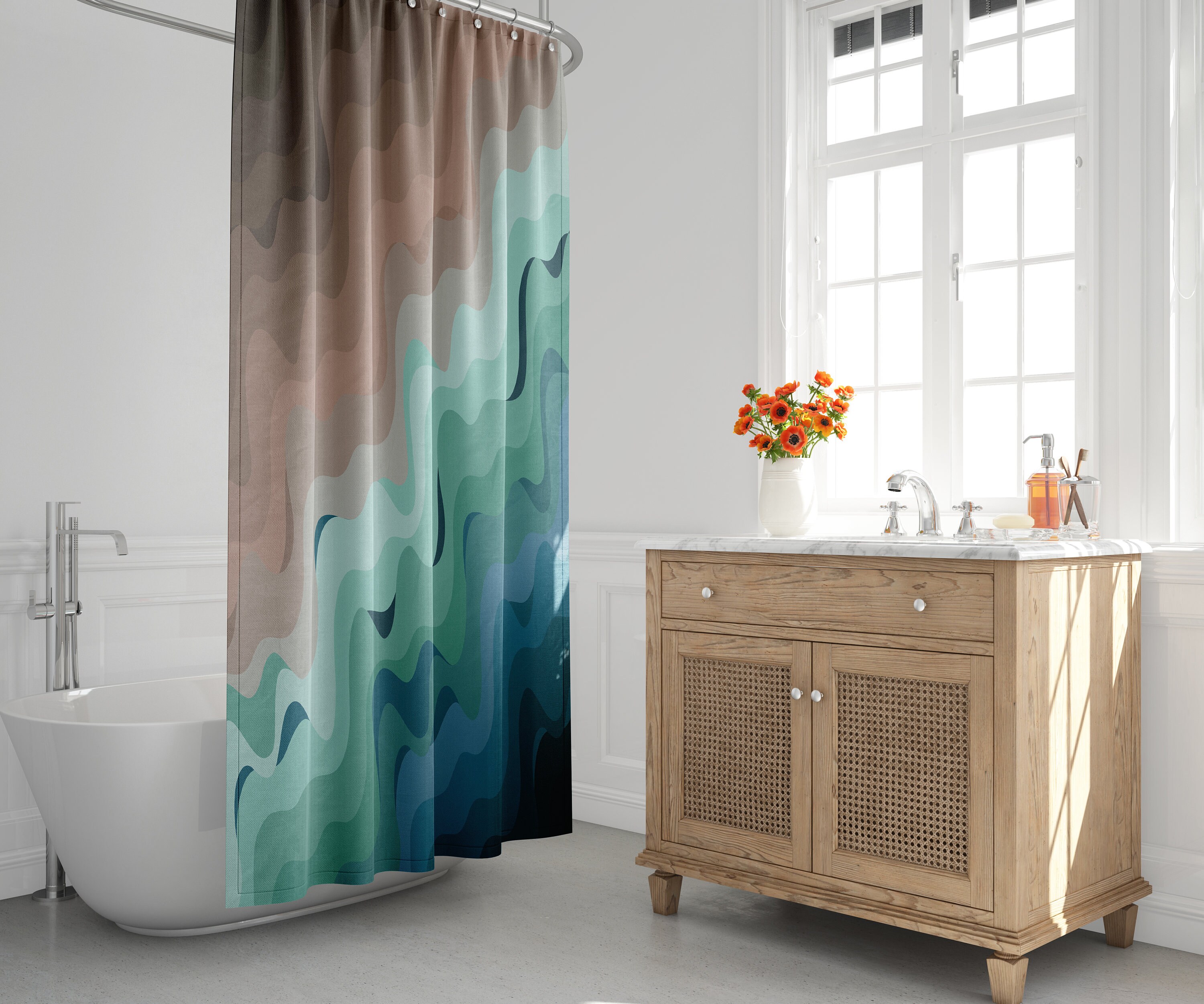 Minimalist Mid-Century Modern Shower Curtain with Abstract Beach Gradient Design and House Warming Touch