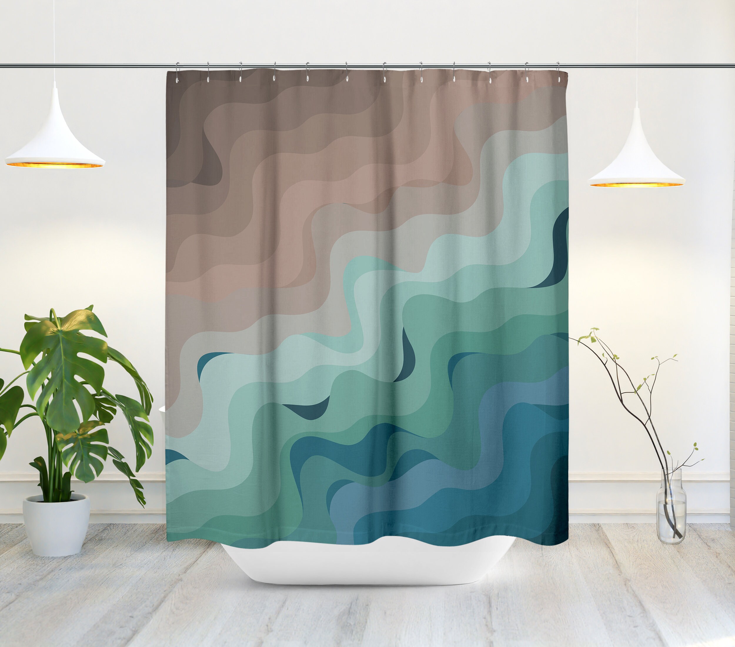 Minimalist Mid-Century Modern Shower Curtain with Abstract Beach Gradient Design and House Warming Touch - Image 2