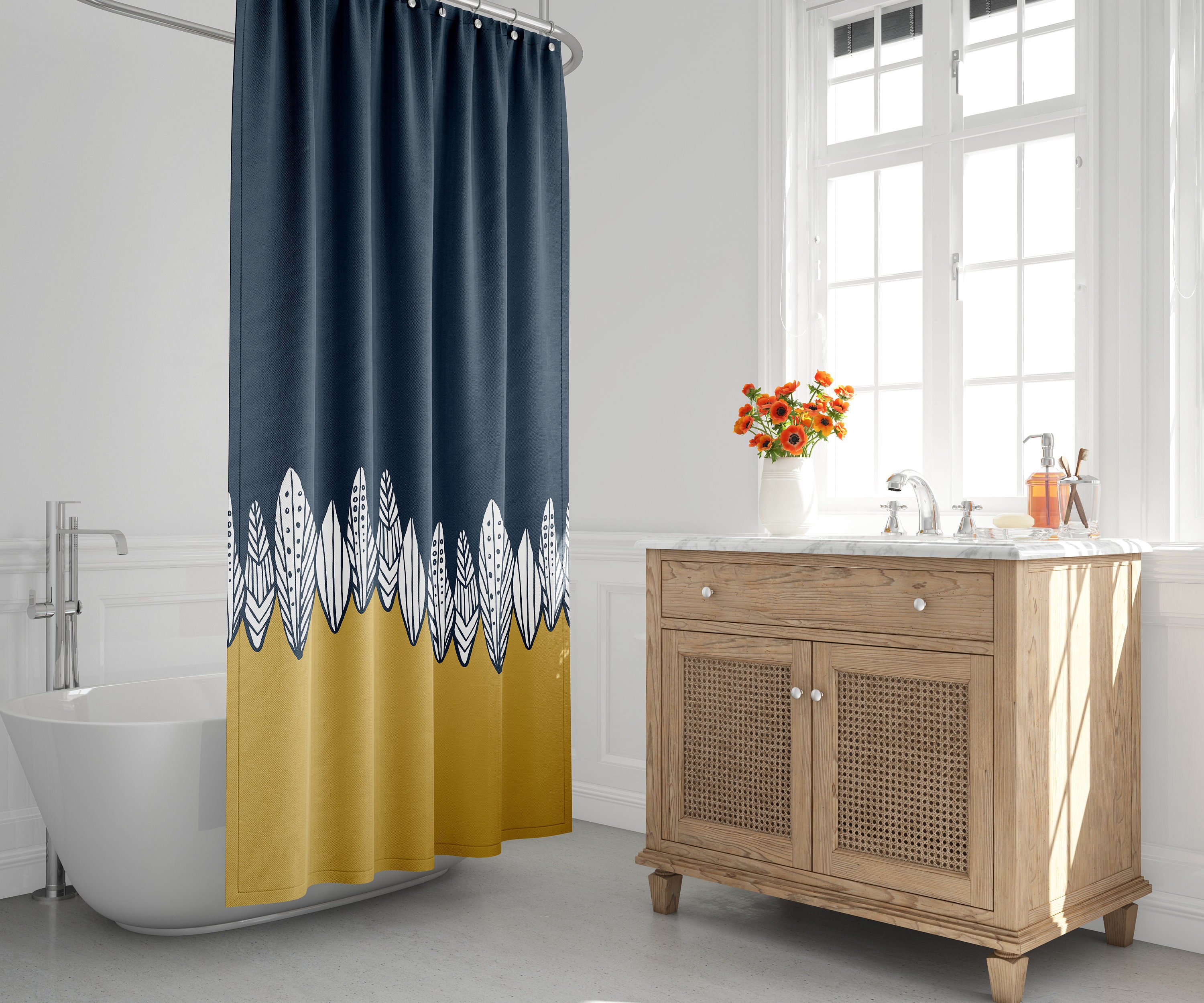 Minimalist Mid-Century Modern Shower Curtain with Abstract Floral Landscape Design, Perfect for Modern Bath Decor