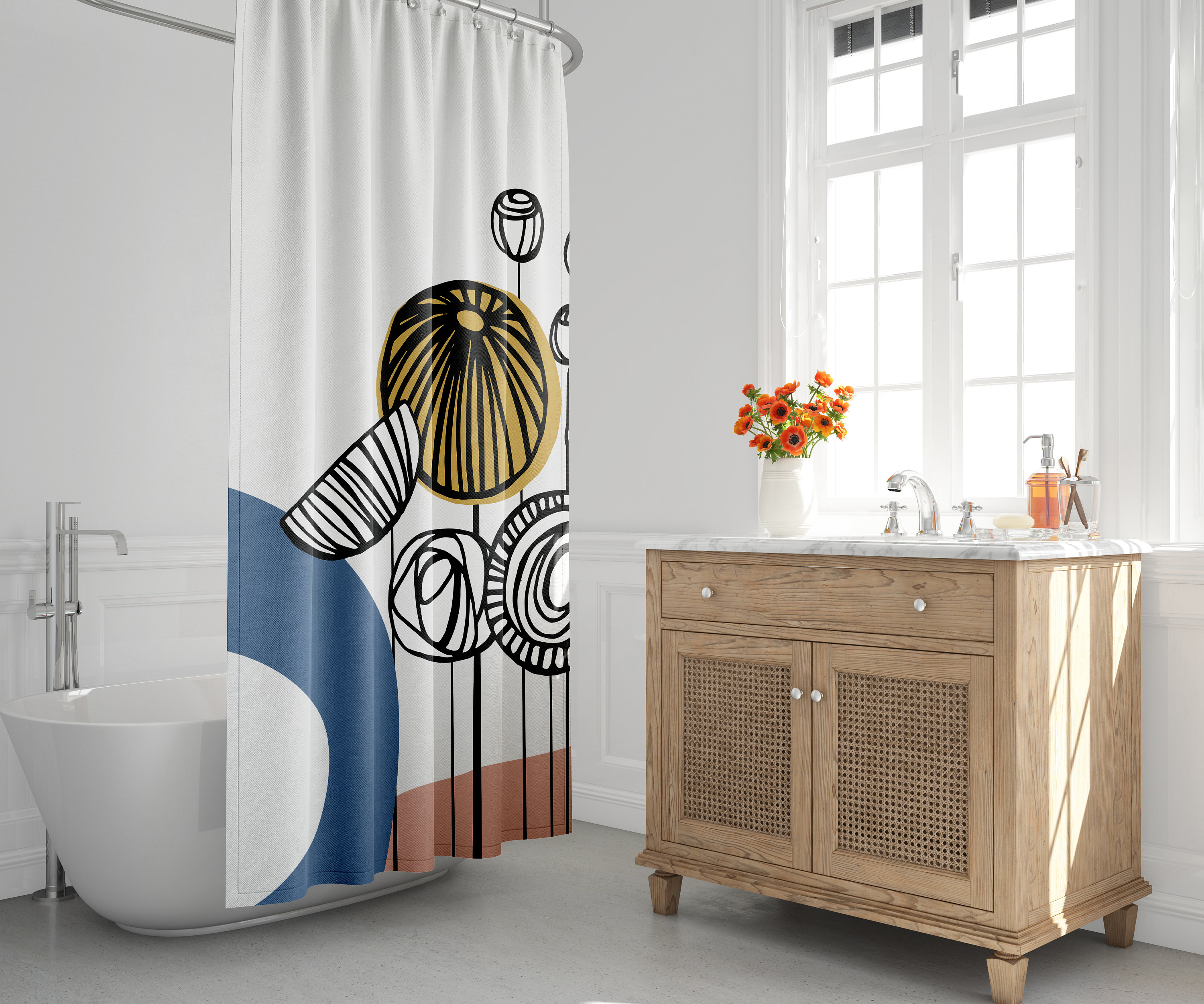 Minimalist Mid-Century Modern Shower Curtain with Abstract Floral Landscape Design, Perfect for Modern Bath Decor