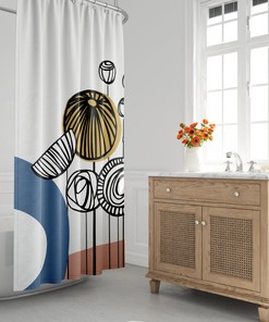 Minimalist Mid-Century Modern Shower Curtain with Abstract Floral Landscape Design, Perfect for Modern Bath Decor