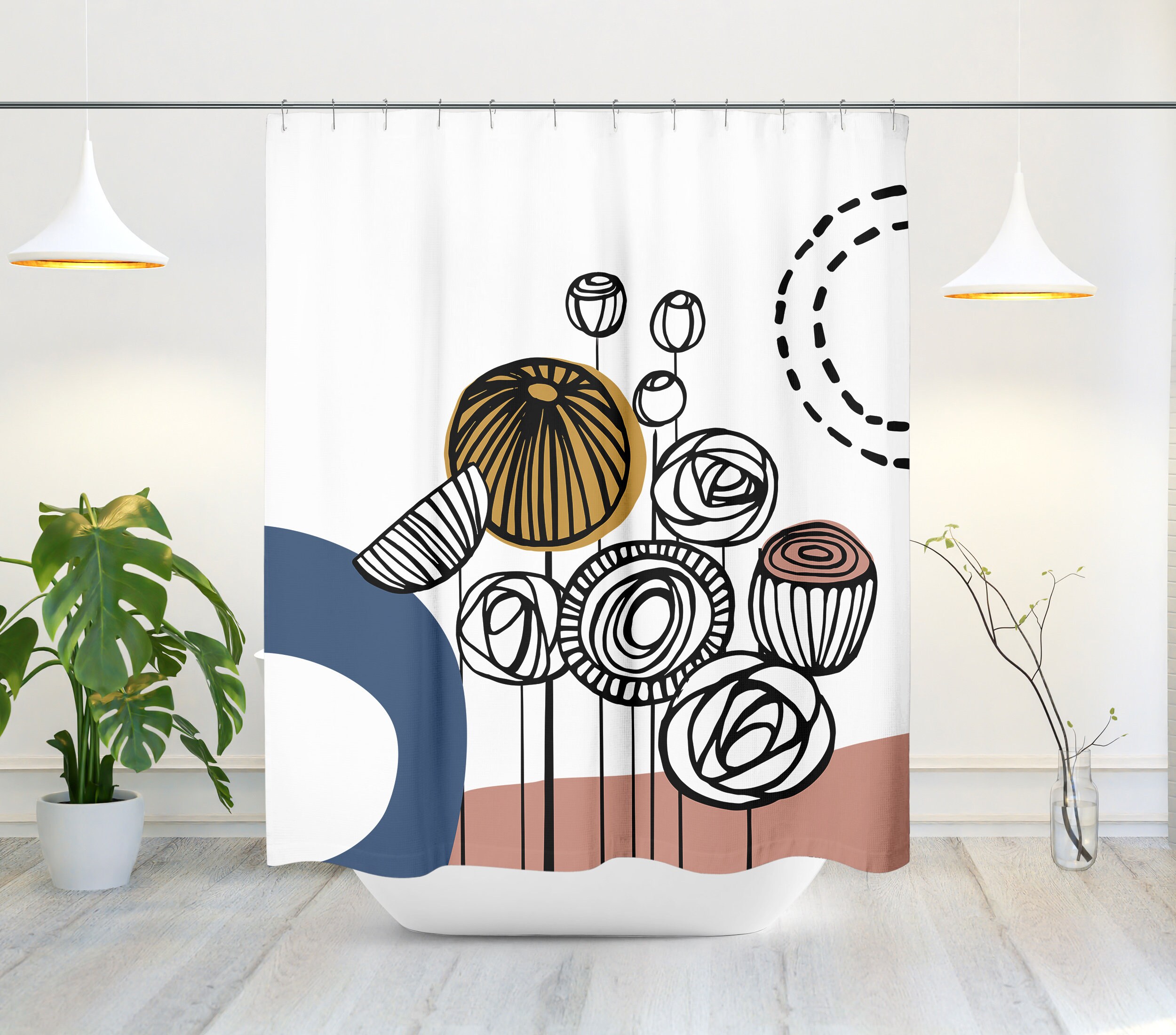 Minimalist Mid-Century Modern Shower Curtain with Abstract Floral Landscape Design, Perfect for Modern Bath Decor - Image 2