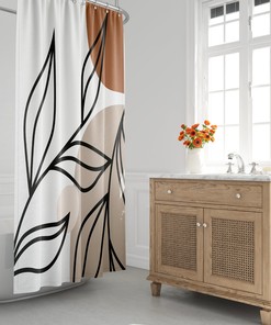 Minimalist Mid-Century Modern Shower Curtain with Abstract Tropical Moon and Botanical Design, Stylish Bath Decor