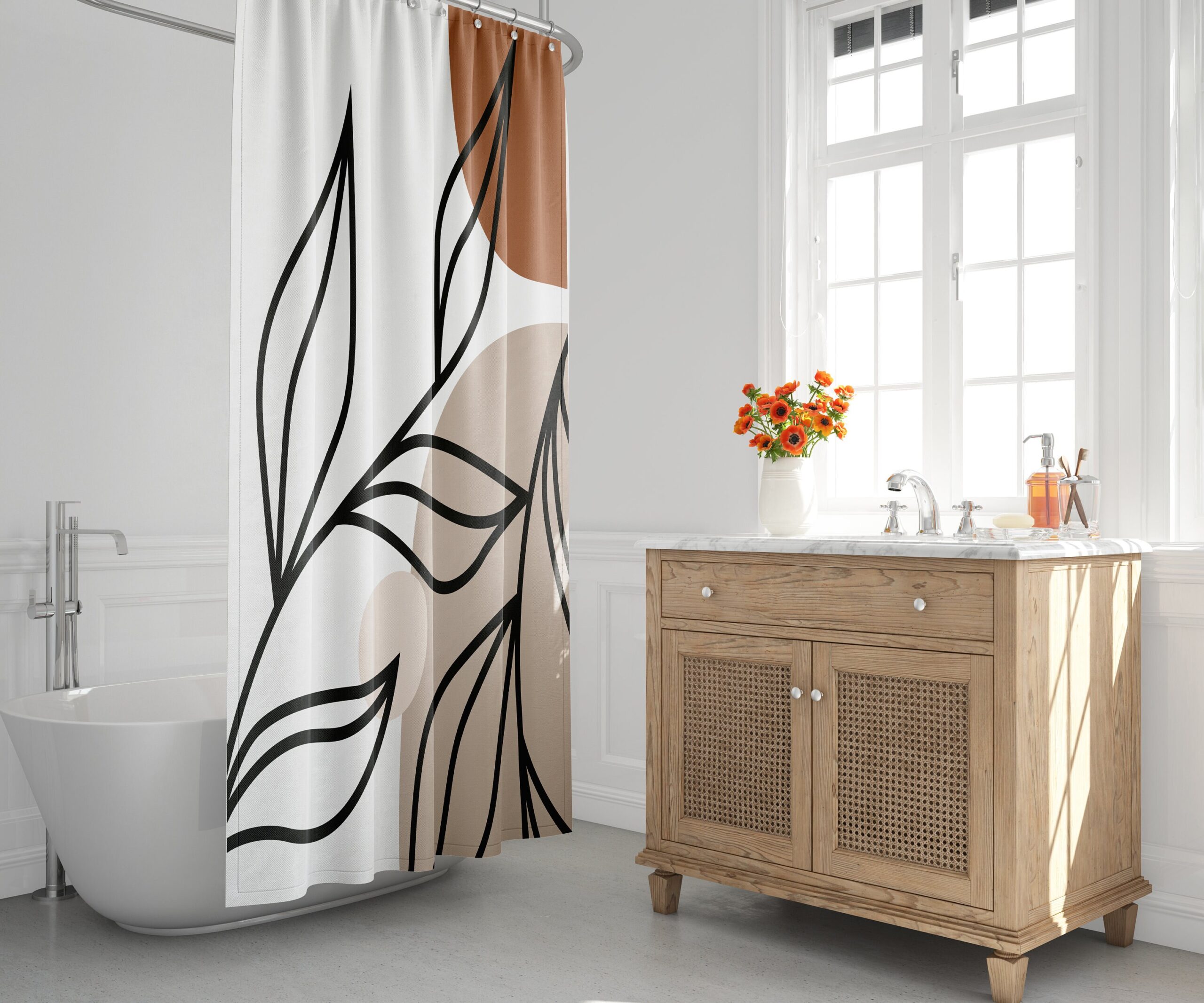 Minimalist Mid-Century Modern Shower Curtain with Abstract Tropical Moon and Botanical Design, Stylish Bath Decor