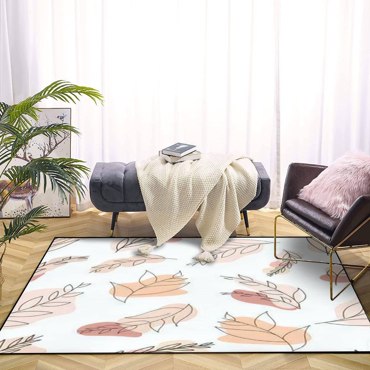 Minimalist Modern 70s Style Seamless Leaves Beige Area Rug with Spots Doodle Leaves Art for Outdoor Patio Rug