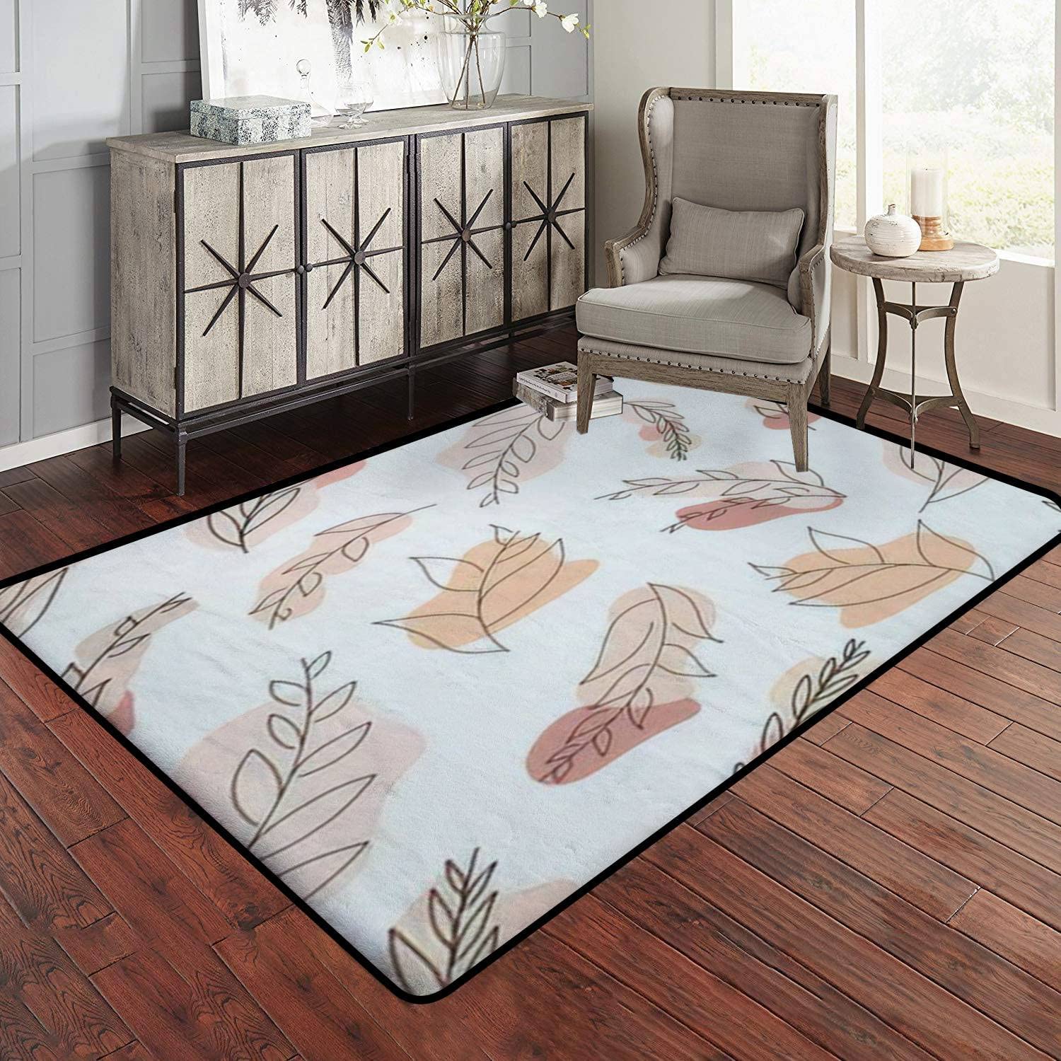 Minimalist Modern 70s Style Seamless Leaves Beige Area Rug with Spots Doodle Leaves Art for Outdoor Patio Rug - Image 2