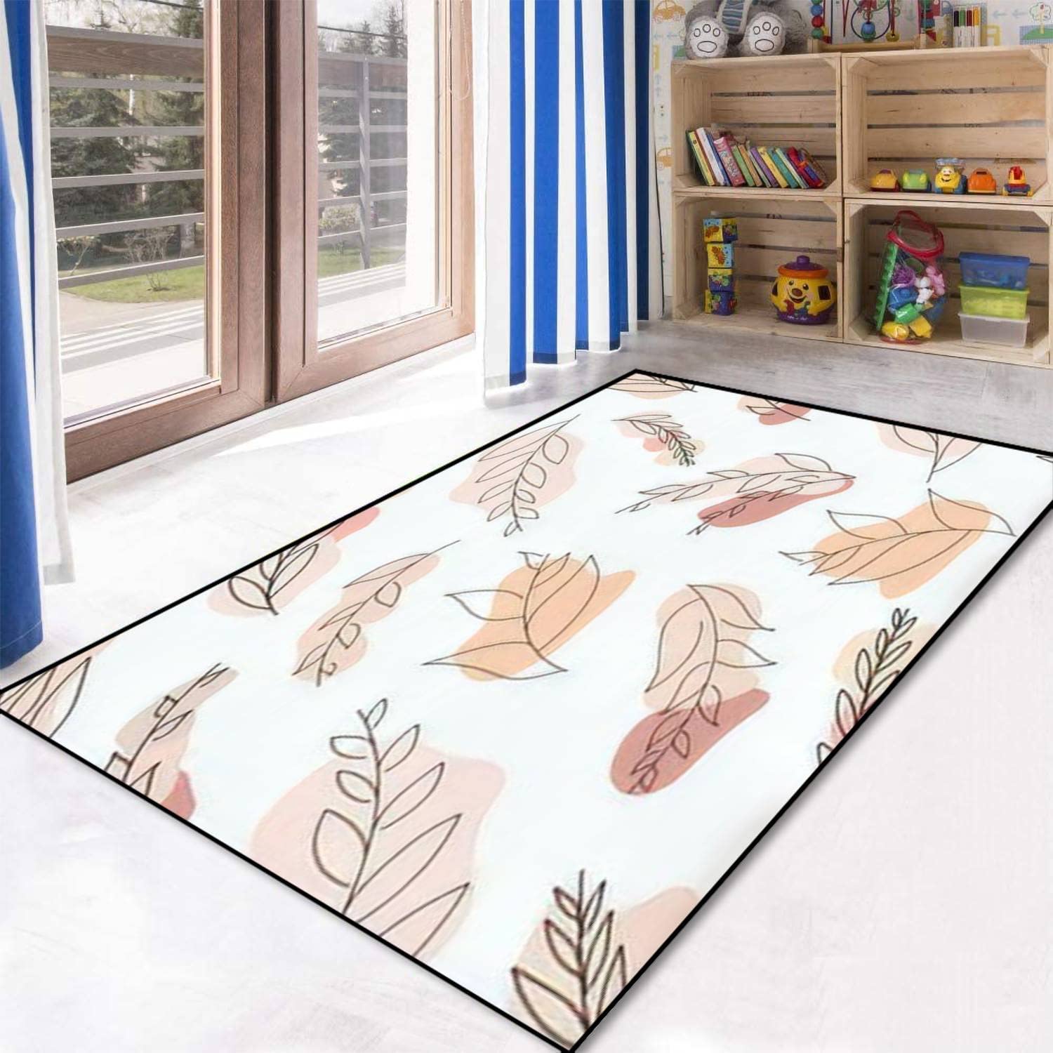 Minimalist Modern 70s Style Seamless Leaves Beige Area Rug with Spots Doodle Leaves Art for Outdoor Patio Rug - Image 3
